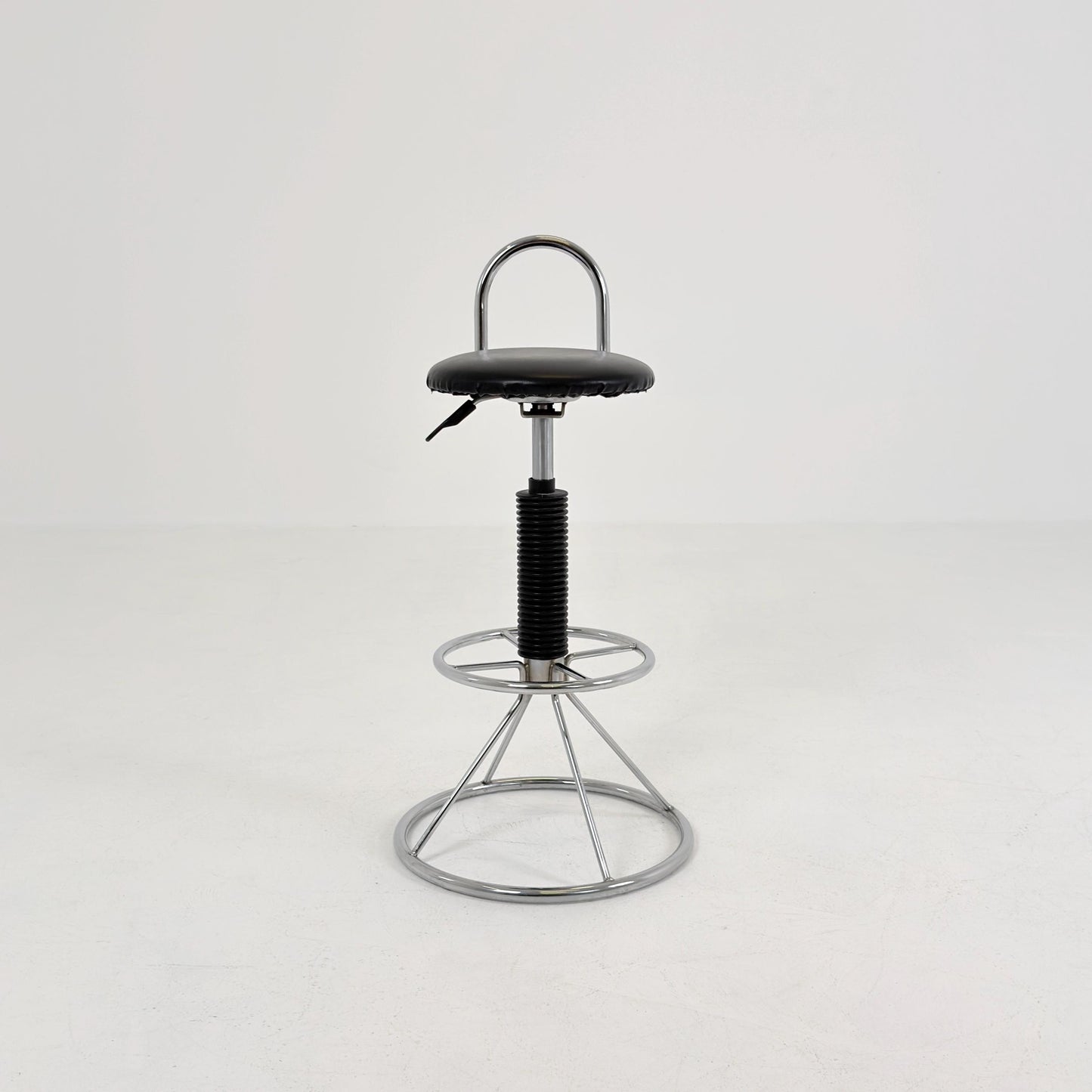Mid-Century Italian Bar Stool | Chrome Tubular Steel & Black Faux Leather | 1980s Italy