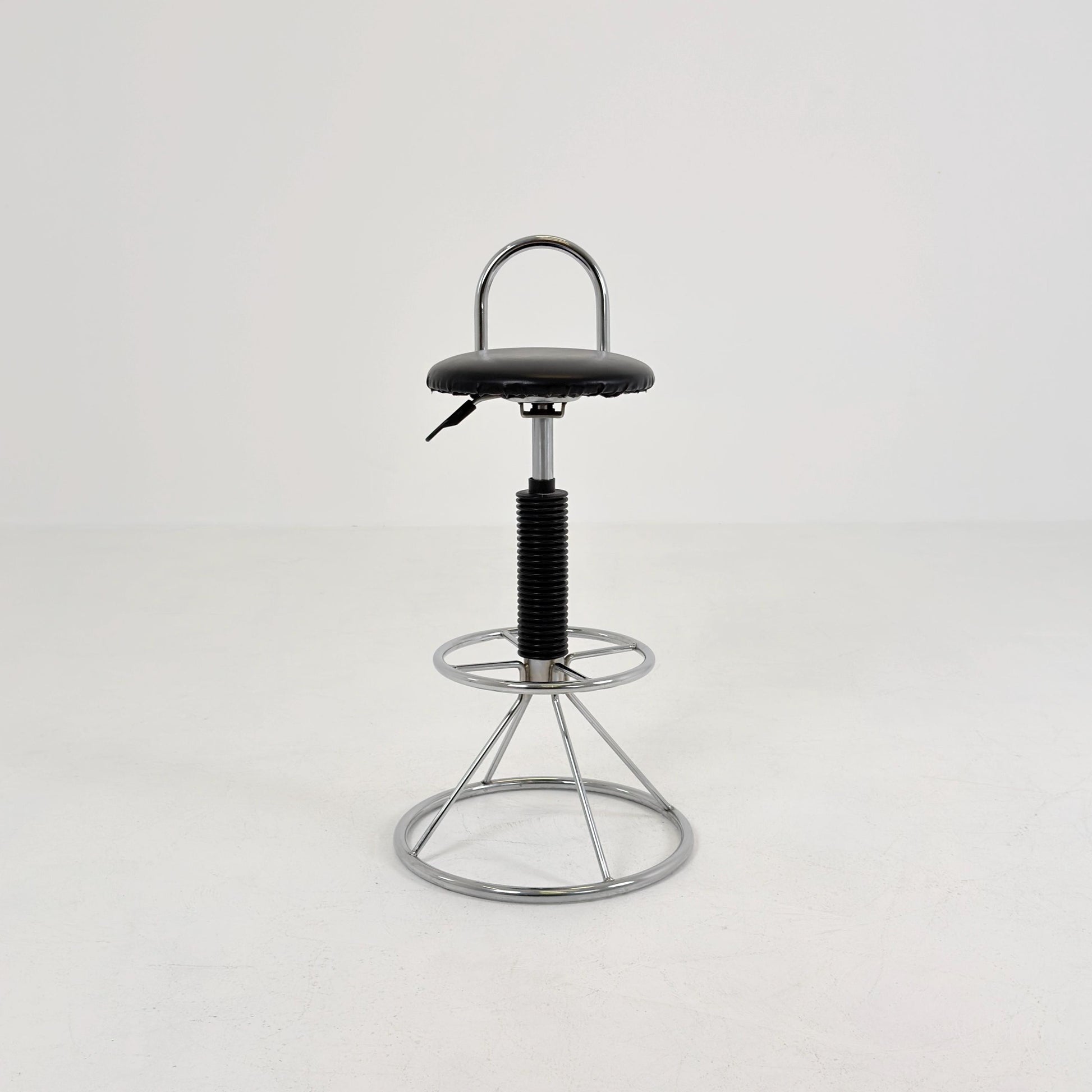 Mid-Century Italian Bar Stool | Chrome Tubular Steel & Black Faux Leather | 1980s Italy