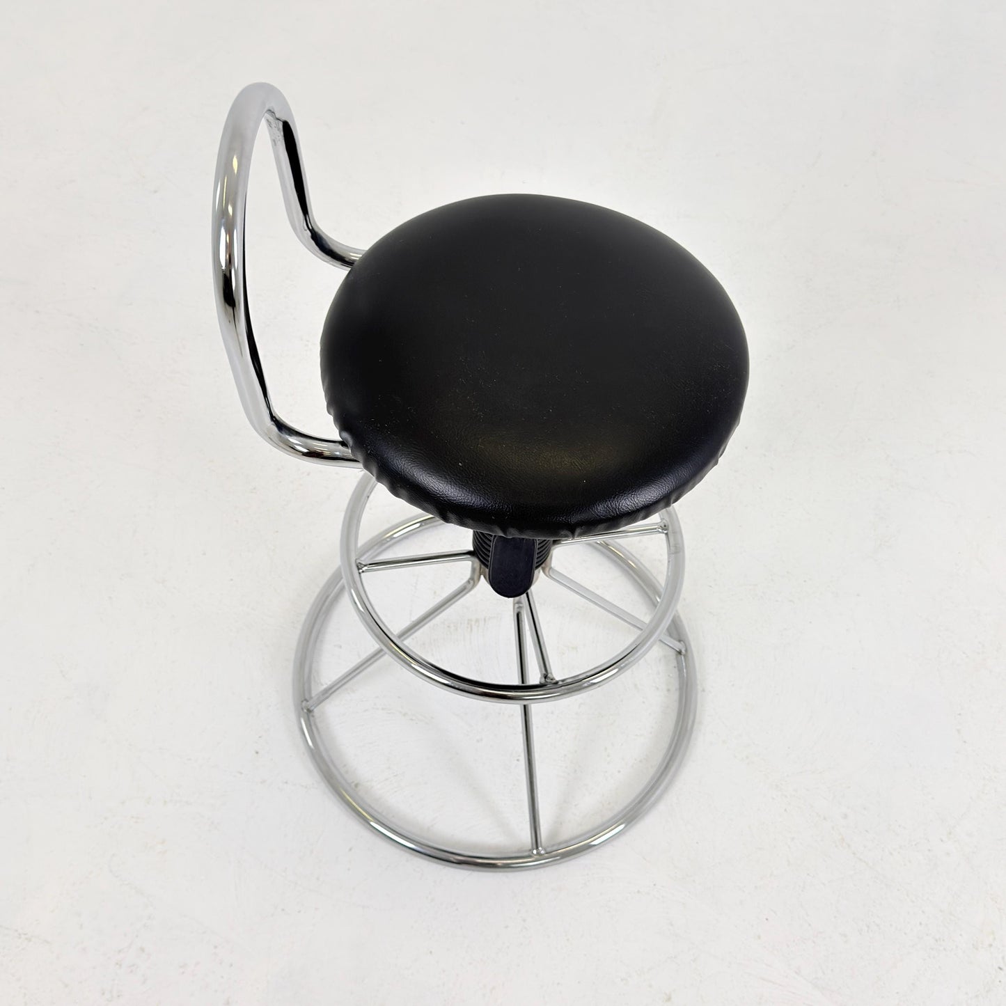 Mid-Century Italian Bar Stool | Chrome Tubular Steel & Black Faux Leather | 1980s Italy