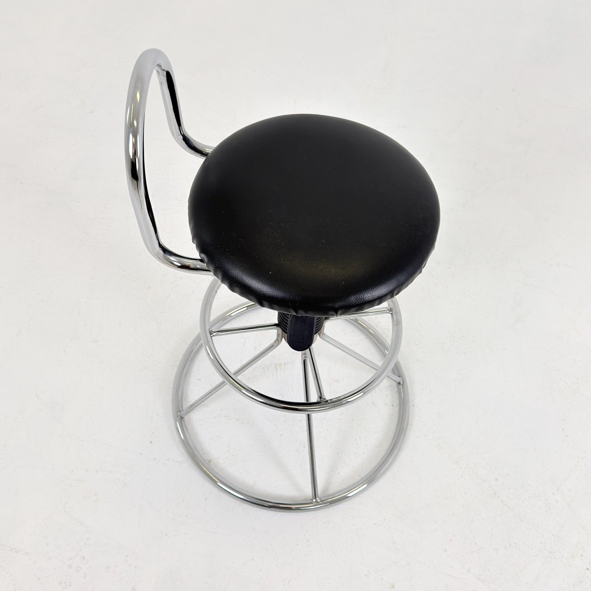 Mid-Century Italian Bar Stool | Chrome Tubular Steel & Black Faux Leather | 1980s Italy