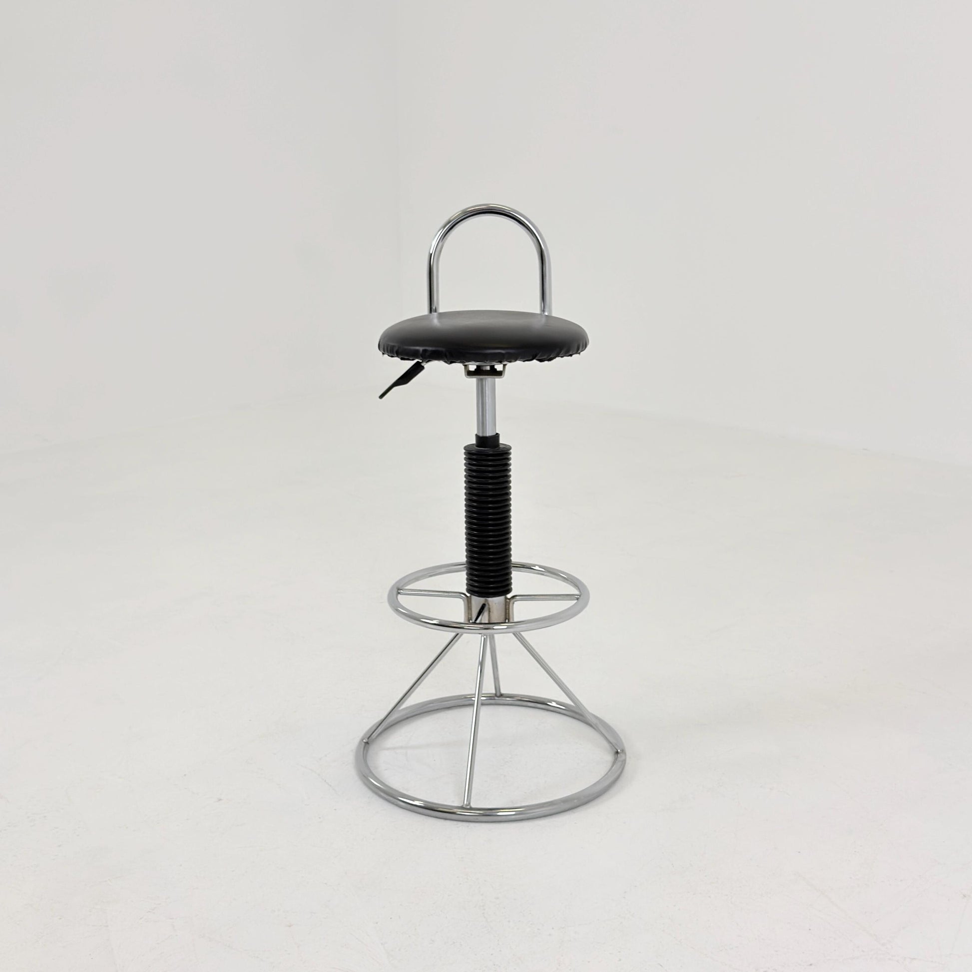 Mid-Century Italian Bar Stool | Chrome Tubular Steel & Black Faux Leather | 1980s Italy