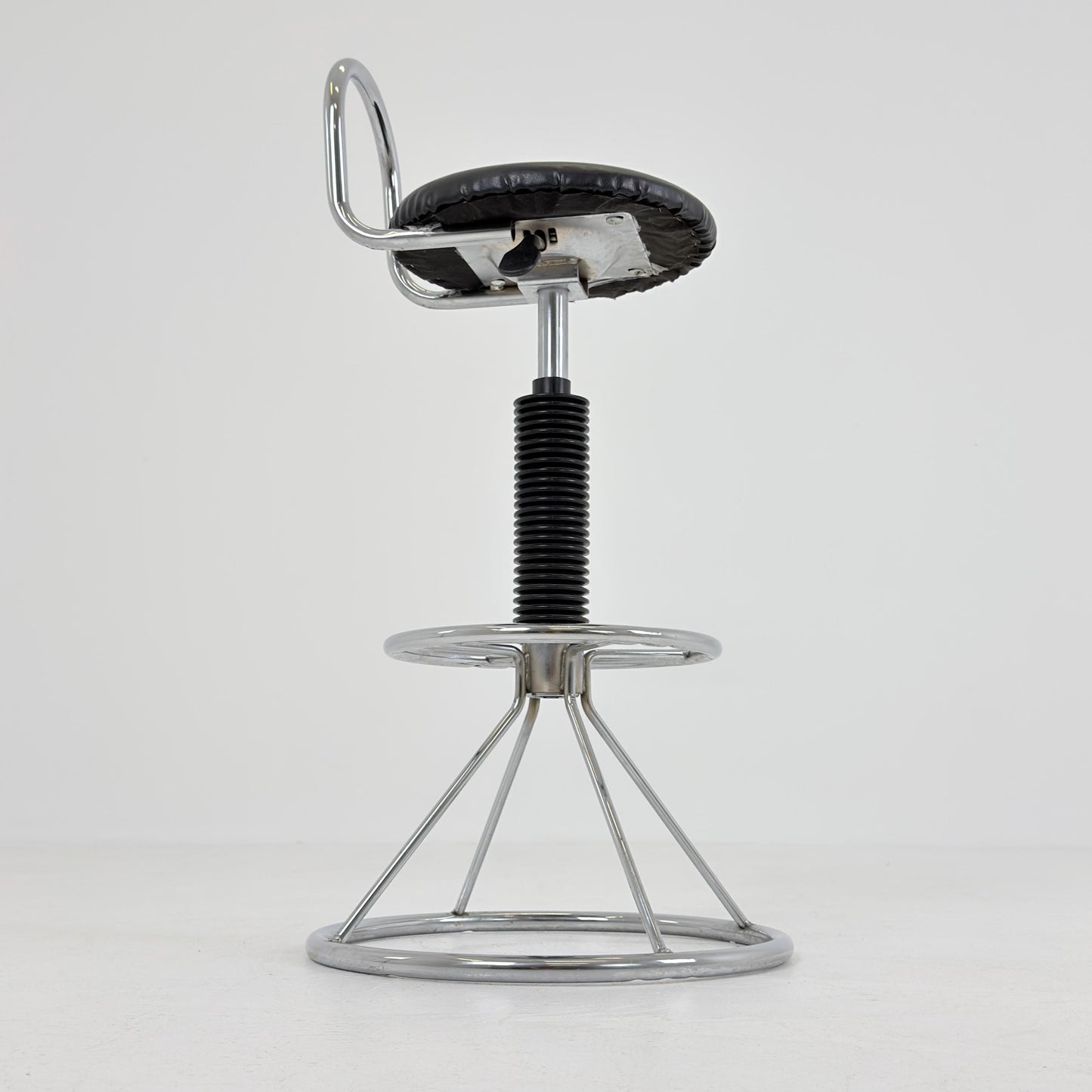 Mid-Century Italian Bar Stool | Chrome Tubular Steel & Black Faux Leather | 1980s Italy