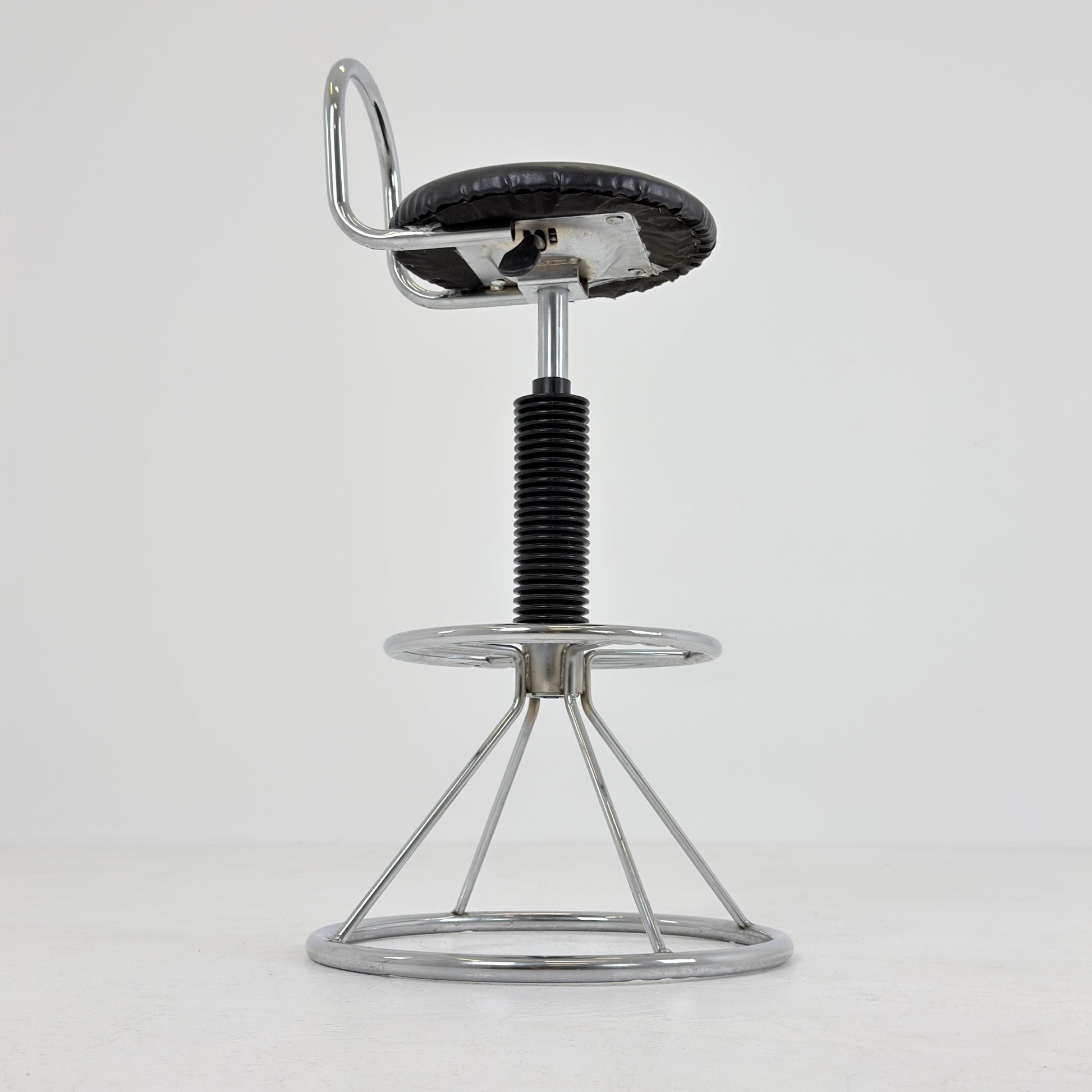 Mid-Century Italian Bar Stool | Chrome Tubular Steel & Black Faux Leather | 1980s Italy