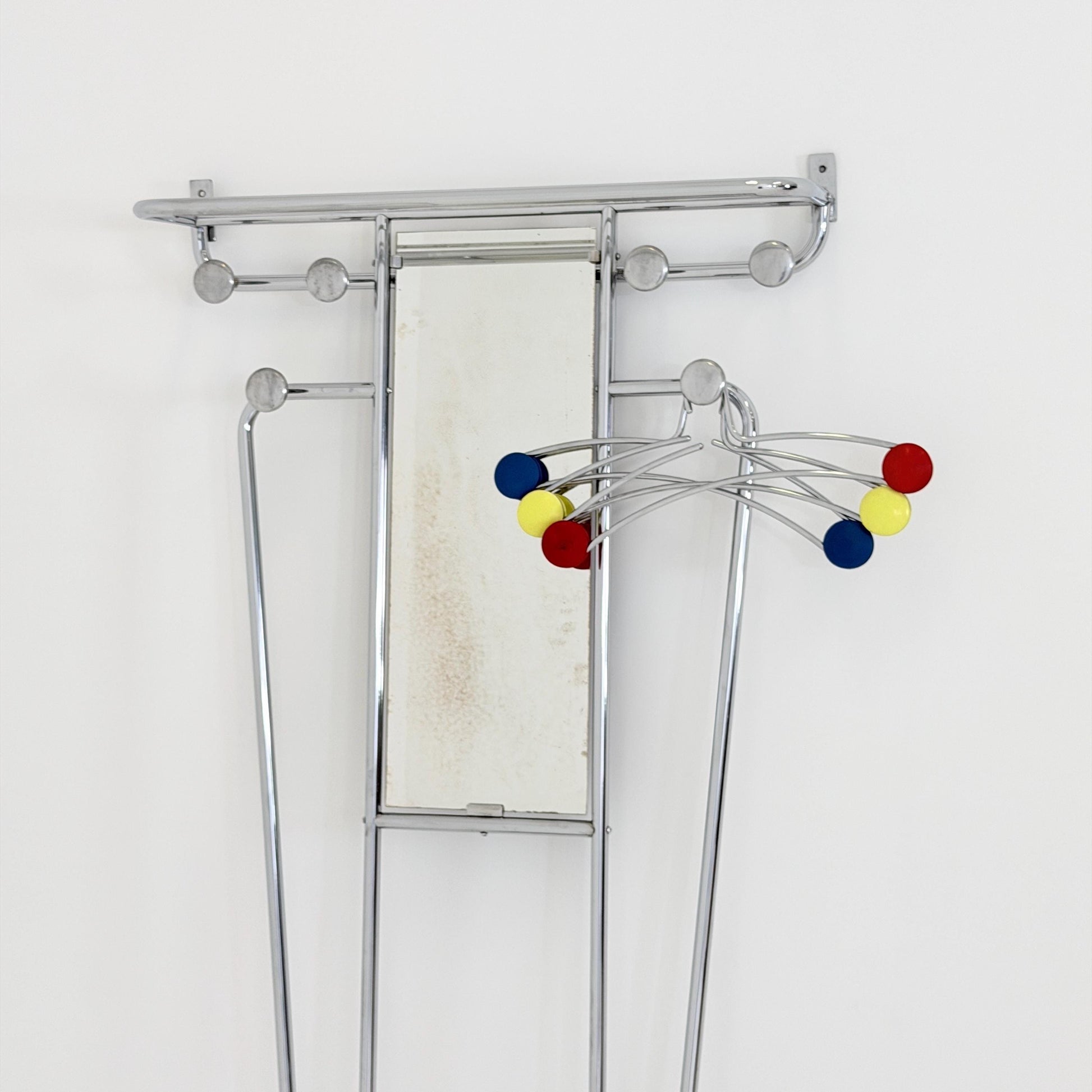 Mid-Century Bauhaus Art Deco Aluminum Hall Tree Vintage Coat Rack, Umbrella Stand & Mirror 1930s France