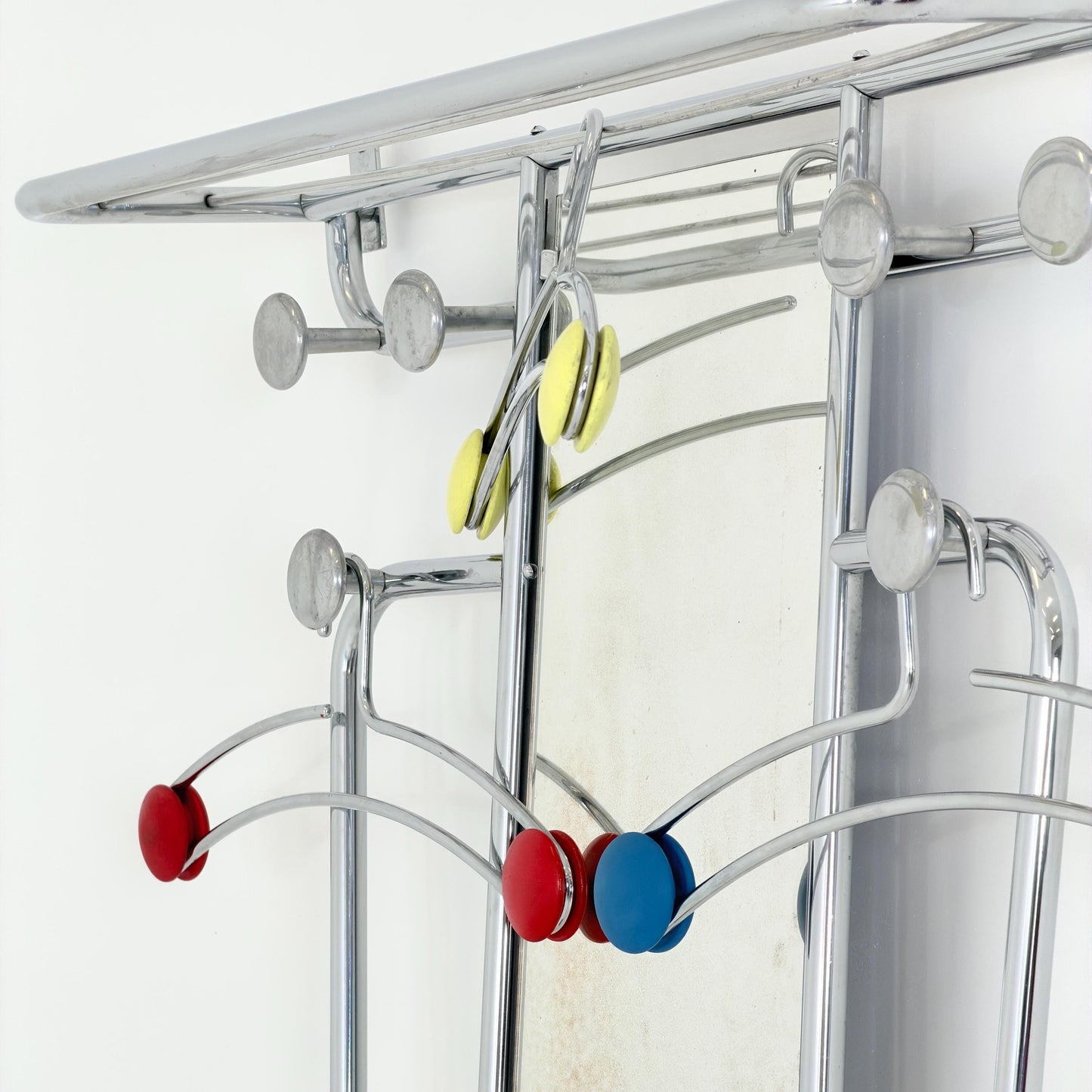 Mid-Century Bauhaus Art Deco Aluminum Hall Tree Vintage Coat Rack, Umbrella Stand & Mirror 1930s France