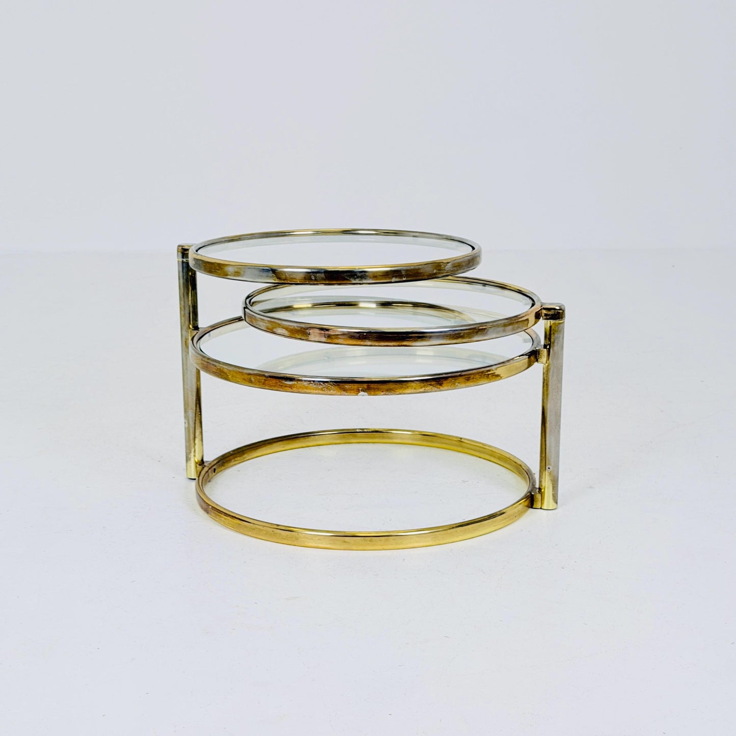 Mid-Century Bauhaus Brass & Glass 3-Tier Swivel Coffee Table | Milo Baughman Style | 1980s Italy