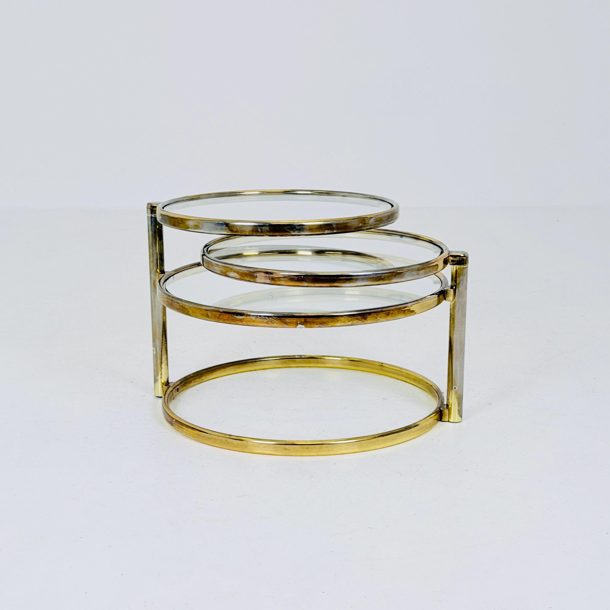 Mid-Century Bauhaus Brass & Glass 3-Tier Swivel Coffee Table | Milo Baughman Style | 1980s Italy