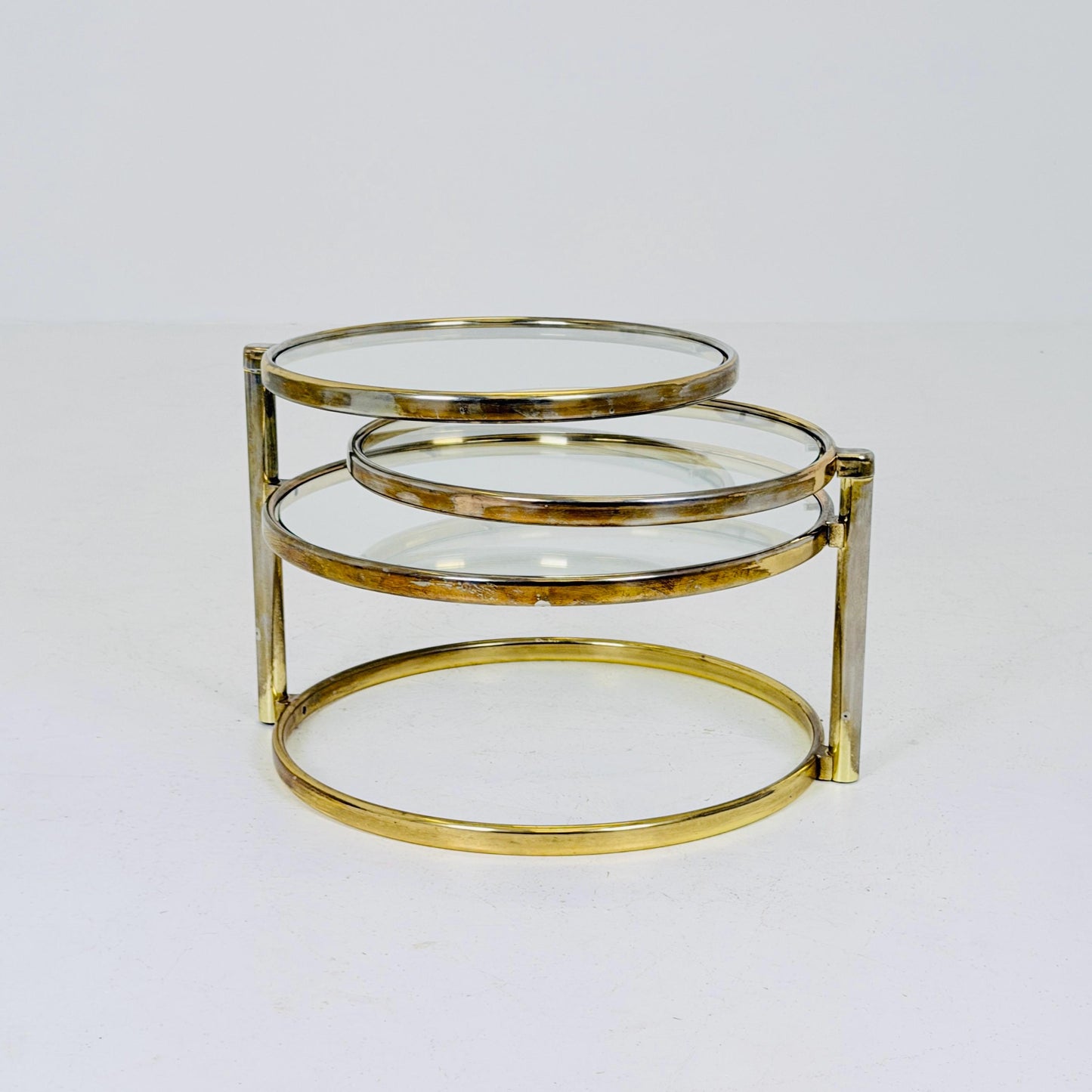 Mid-Century Bauhaus Brass & Glass 3-Tier Swivel Coffee Table | Milo Baughman Style | 1980s Italy
