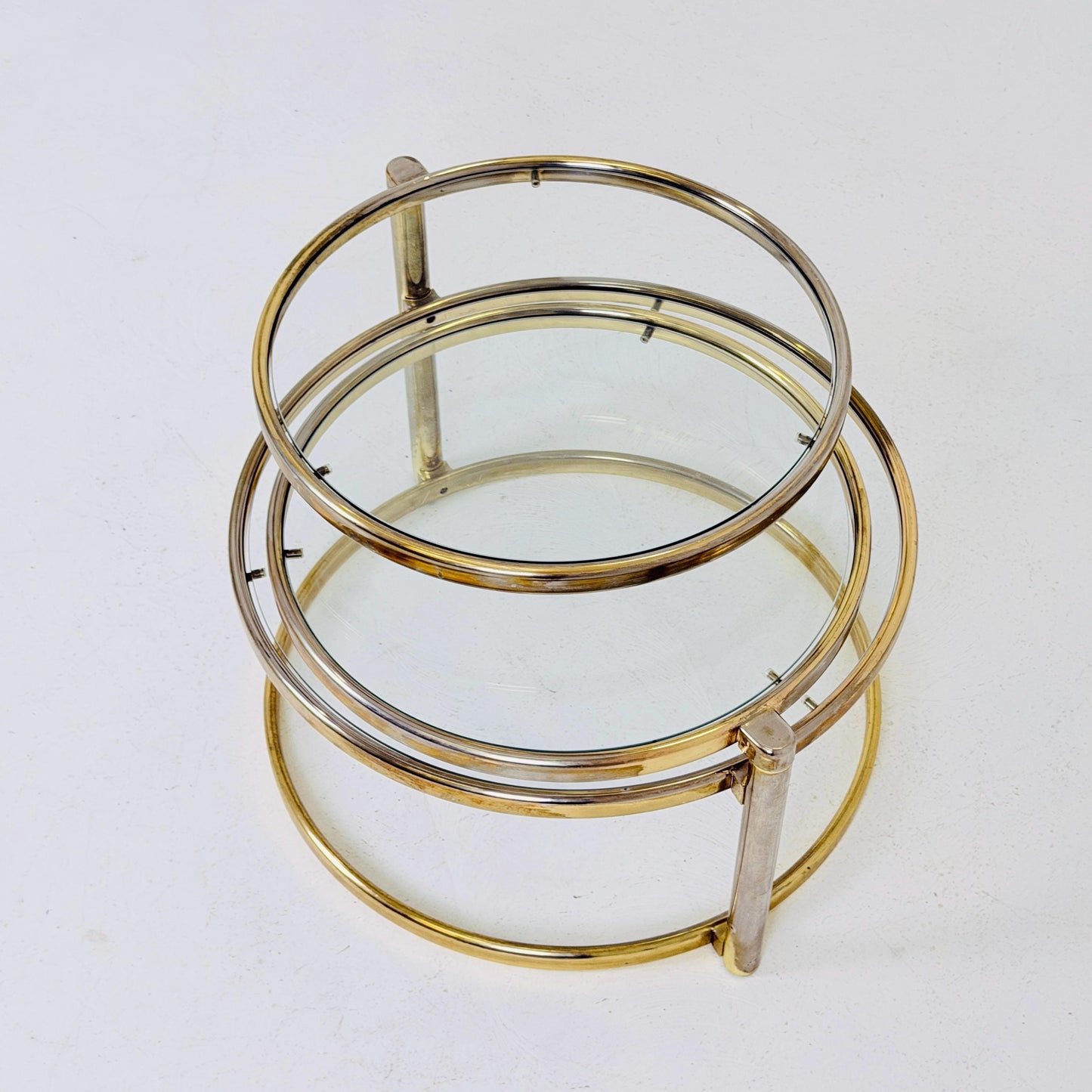 Mid-Century Bauhaus Brass & Glass 3-Tier Swivel Coffee Table | Milo Baughman Style | 1980s Italy