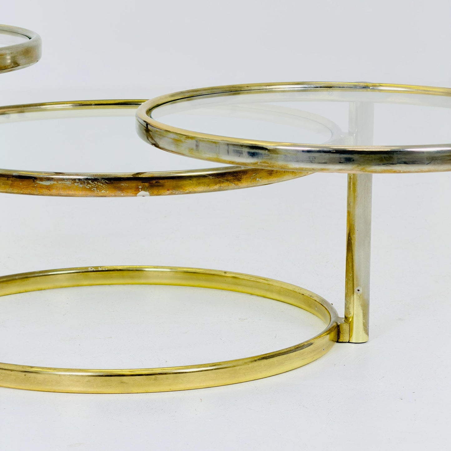Mid-Century Bauhaus Brass & Glass 3-Tier Swivel Coffee Table | Milo Baughman Style | 1980s Italy