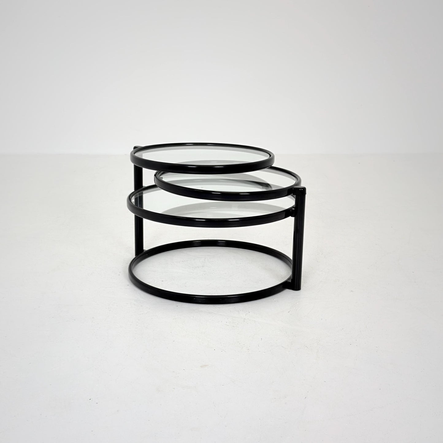 Mid-Century Bauhaus black & Glass 3-Tier Swivel Coffee Table | Milo Baughman Style | 1980s Italy