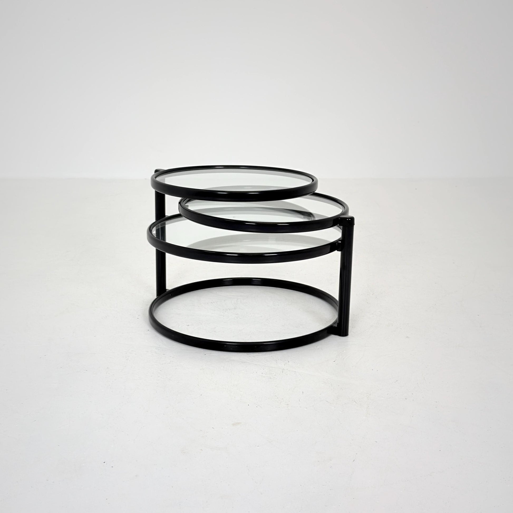 Mid-Century Bauhaus black & Glass 3-Tier Swivel Coffee Table | Milo Baughman Style | 1980s Italy
