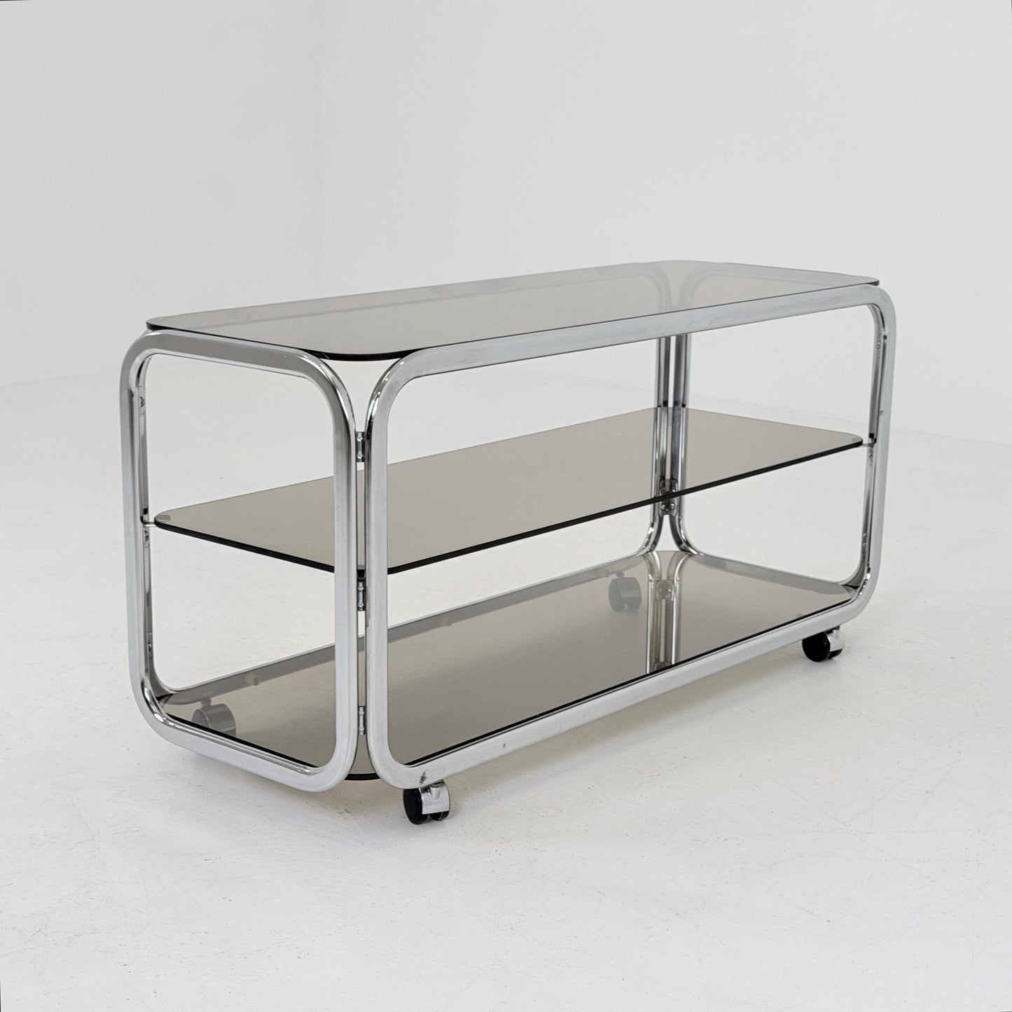 Mid-Century Chrome & Smoked Glass Serving Trolley | coffee table - console 1980s Italy