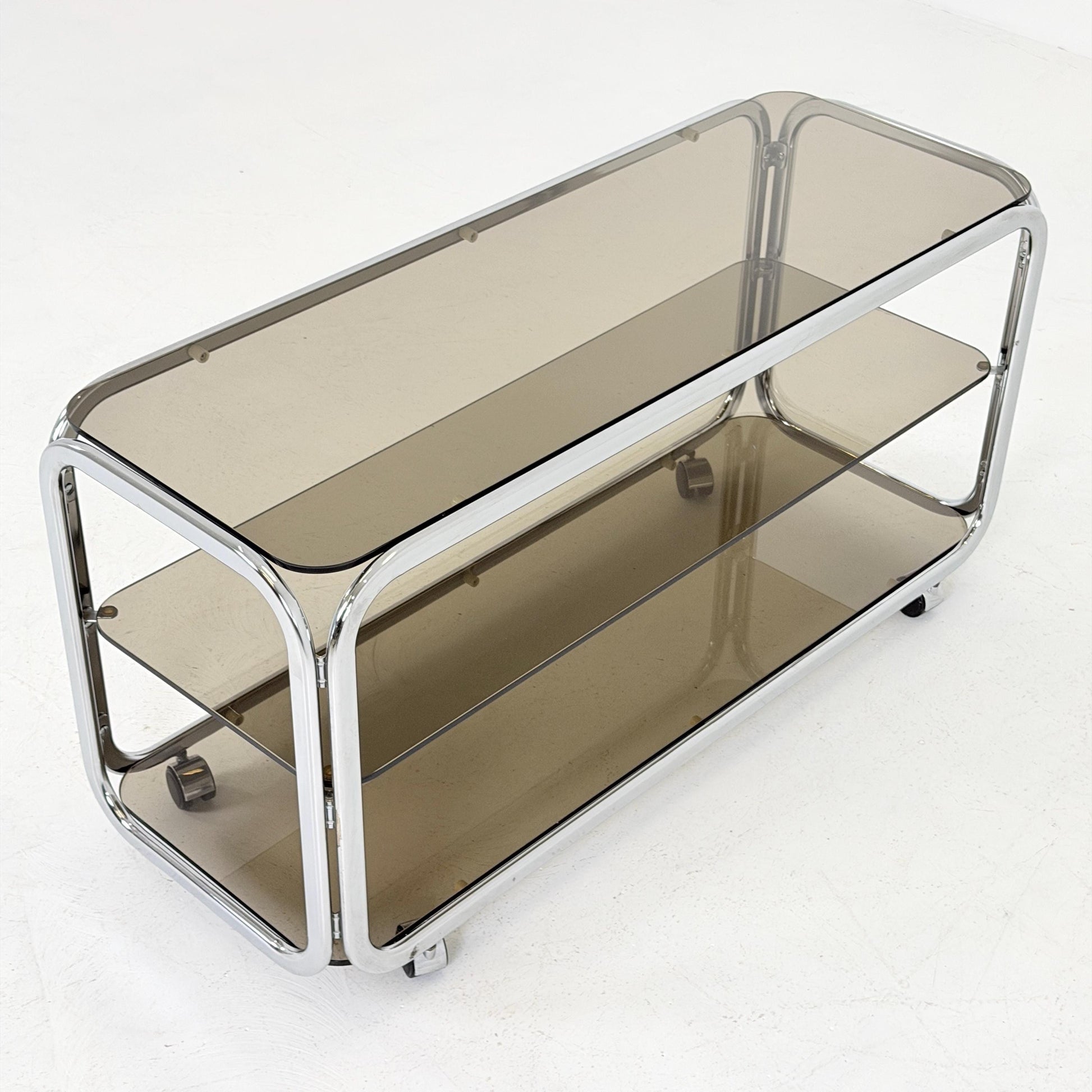 Mid-Century Chrome & Smoked Glass Serving Trolley | coffee table - console 1980s Italy