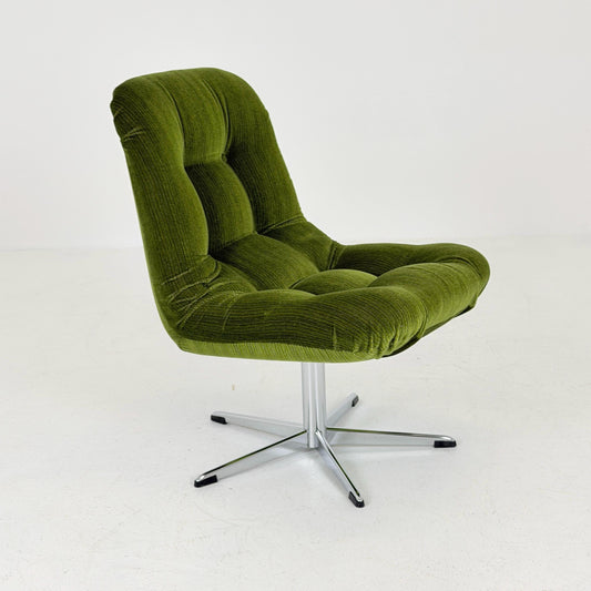 Mid-Century Green Retro Lounge Chair — Swivel Velvet Armchair, Germany, 1980s