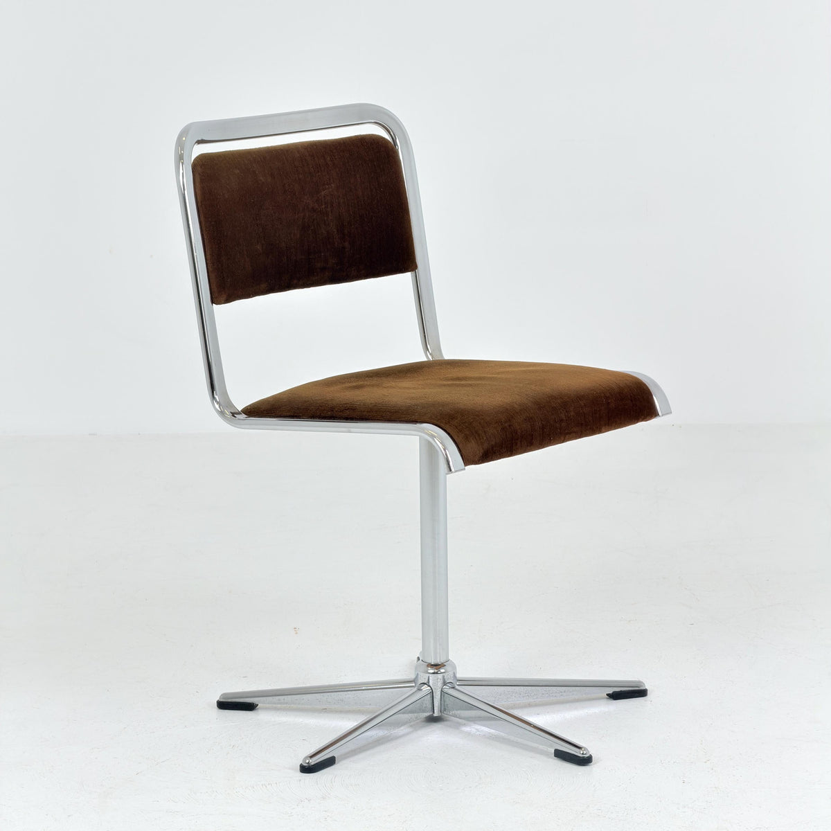 Mid-Century Space Age Swivel Dining Chair by EKA, Chrome & Brown fabric , Germany 1970s