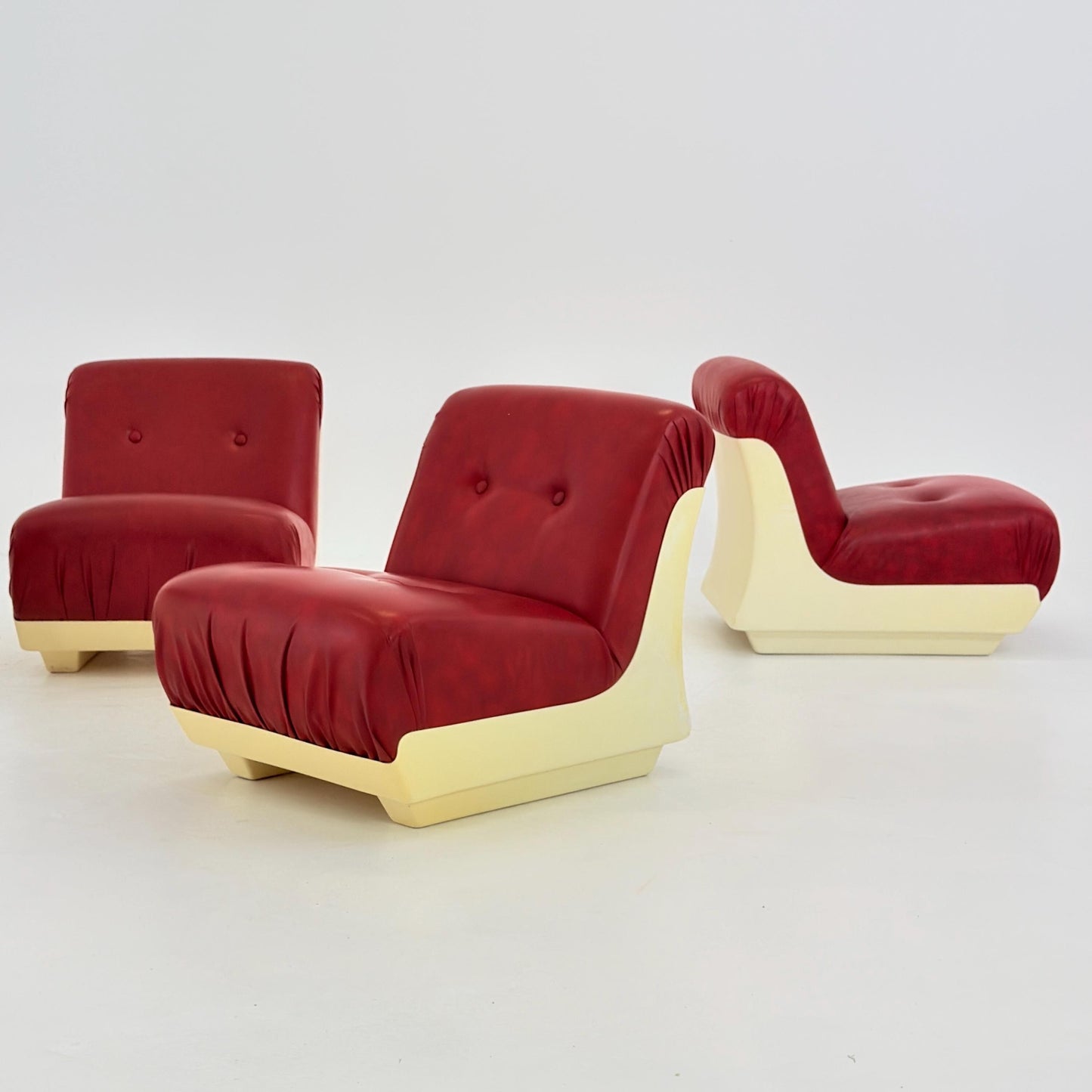 Set of 4 Mid-Century Space Age Lounge Chairs Red Leather & Fiberglass Shell, Modular 1970s Design, Germany