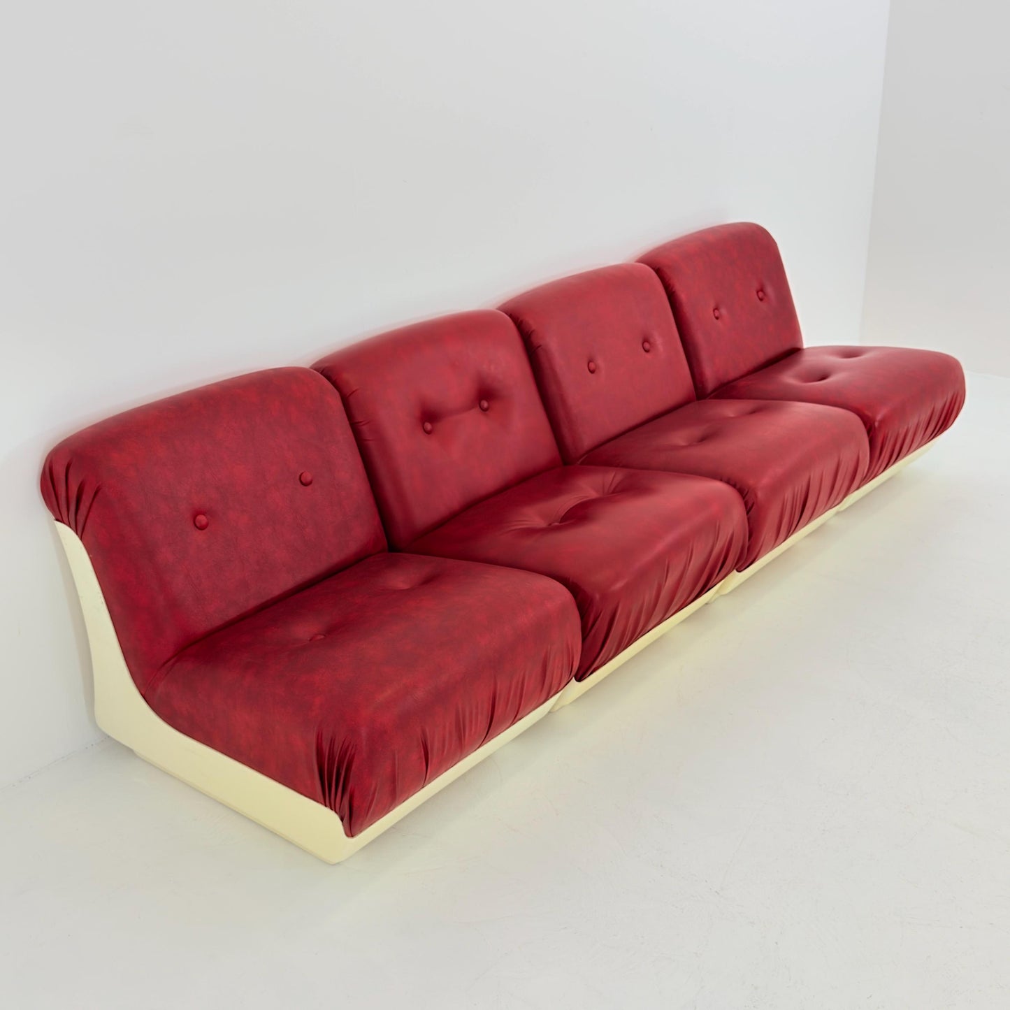 Set of 4 Mid-Century Space Age Lounge Chairs Red Leather & Fiberglass Shell, Modular 1970s Design, Germany