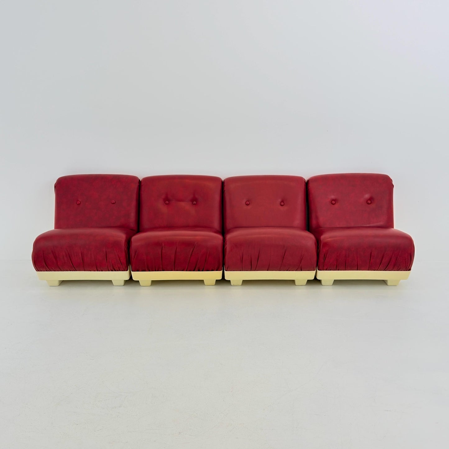 Set of 4 Mid-Century Space Age Lounge Chairs Red Leather & Fiberglass Shell, Modular 1970s Design, Germany