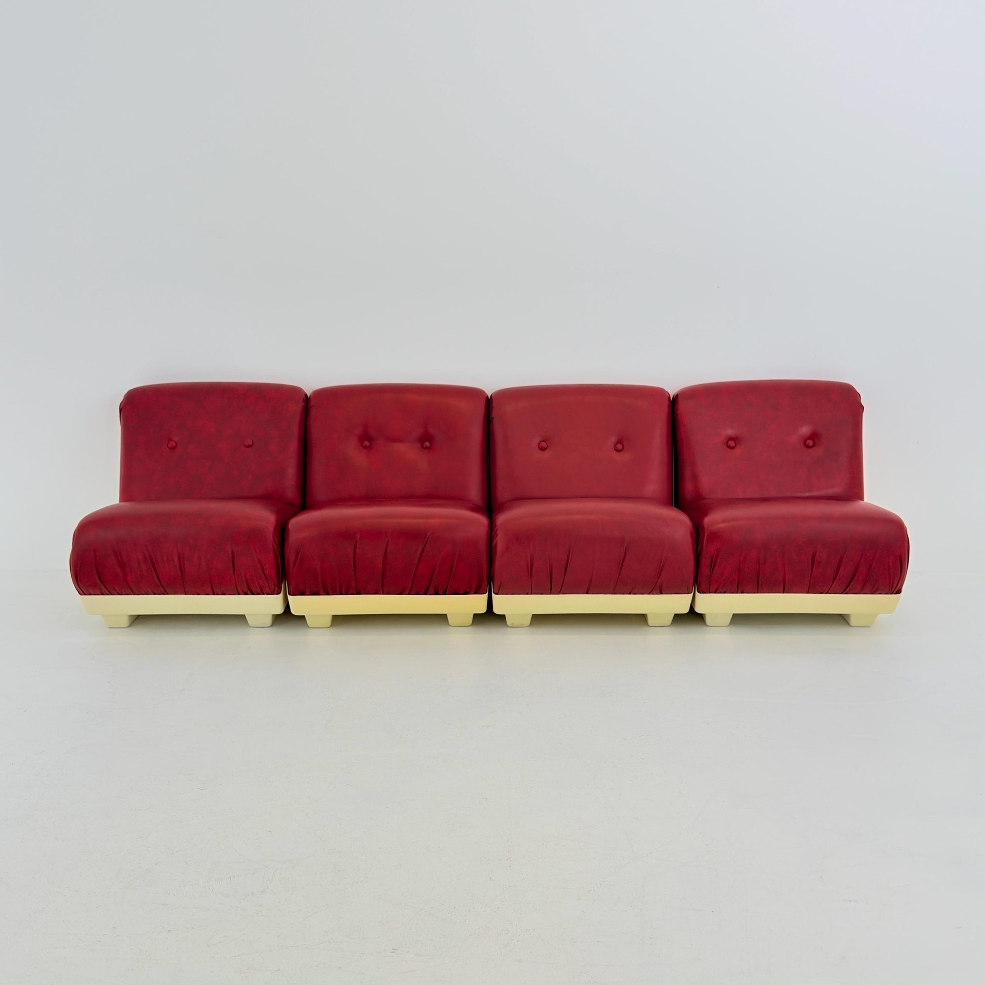Set of 4 Mid-Century Space Age Lounge Chairs Red Leather & Fiberglass Shell, Modular 1970s Design, Germany