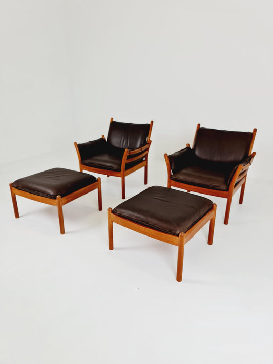 Mid century easy lounge chairs with ottoman by Illum Wikkelso 'Genius' For Silkborg Denamrk 1960s, Set of 2