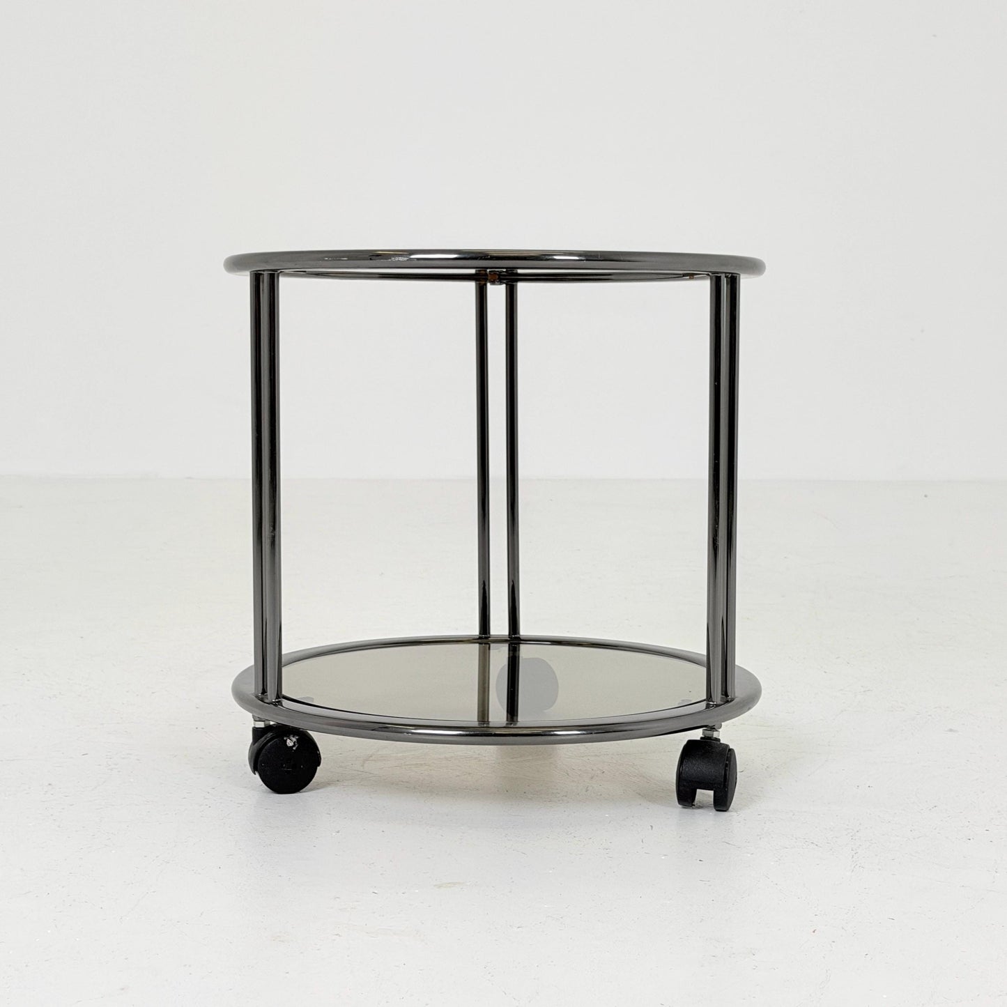 Mid century Chrome bar cart/serving trolley. Smoked glass Bauhaus Italy 1980s