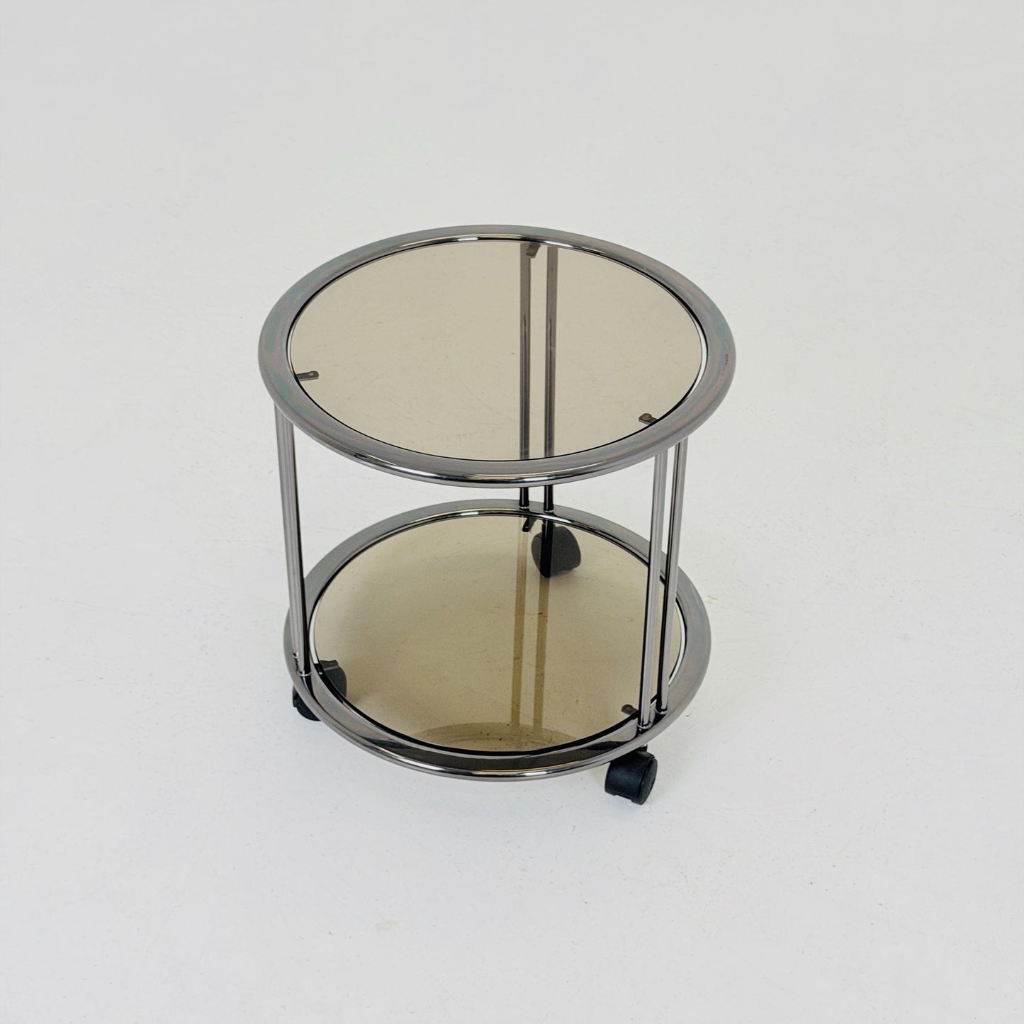 Mid century Chrome bar cart/serving trolley. Smoked glass Bauhaus Italy 1980s