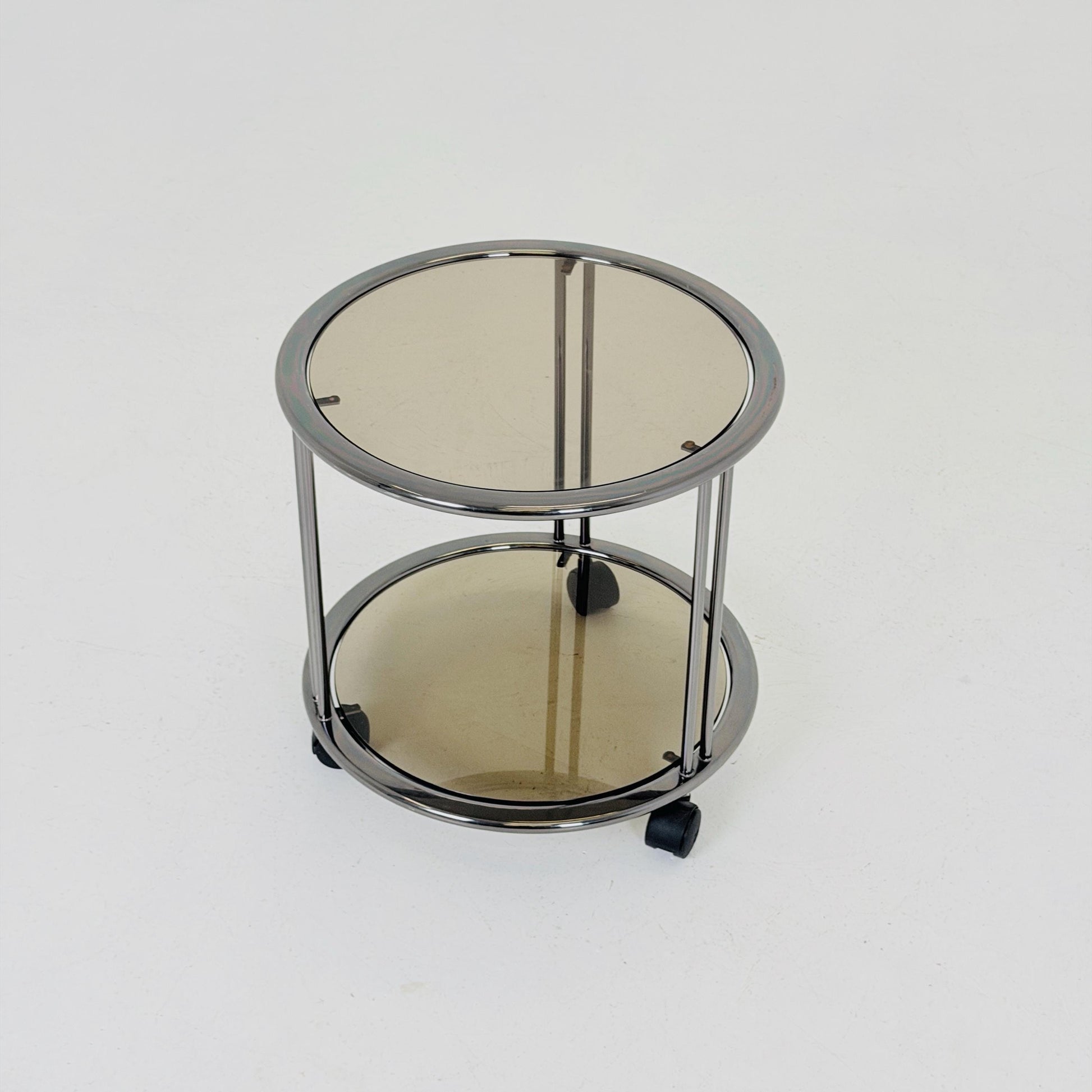 Mid century Chrome bar cart/serving trolley. Smoked glass Bauhaus Italy 1980s