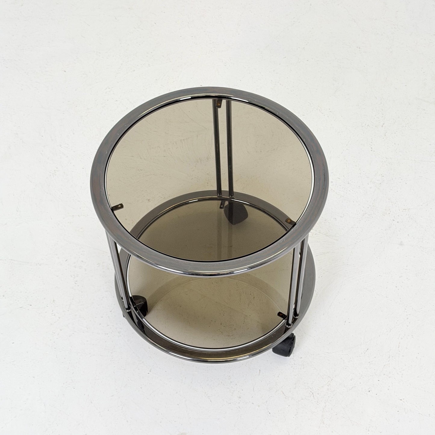Mid century Chrome bar cart/serving trolley. Smoked glass Bauhaus Italy 1980s