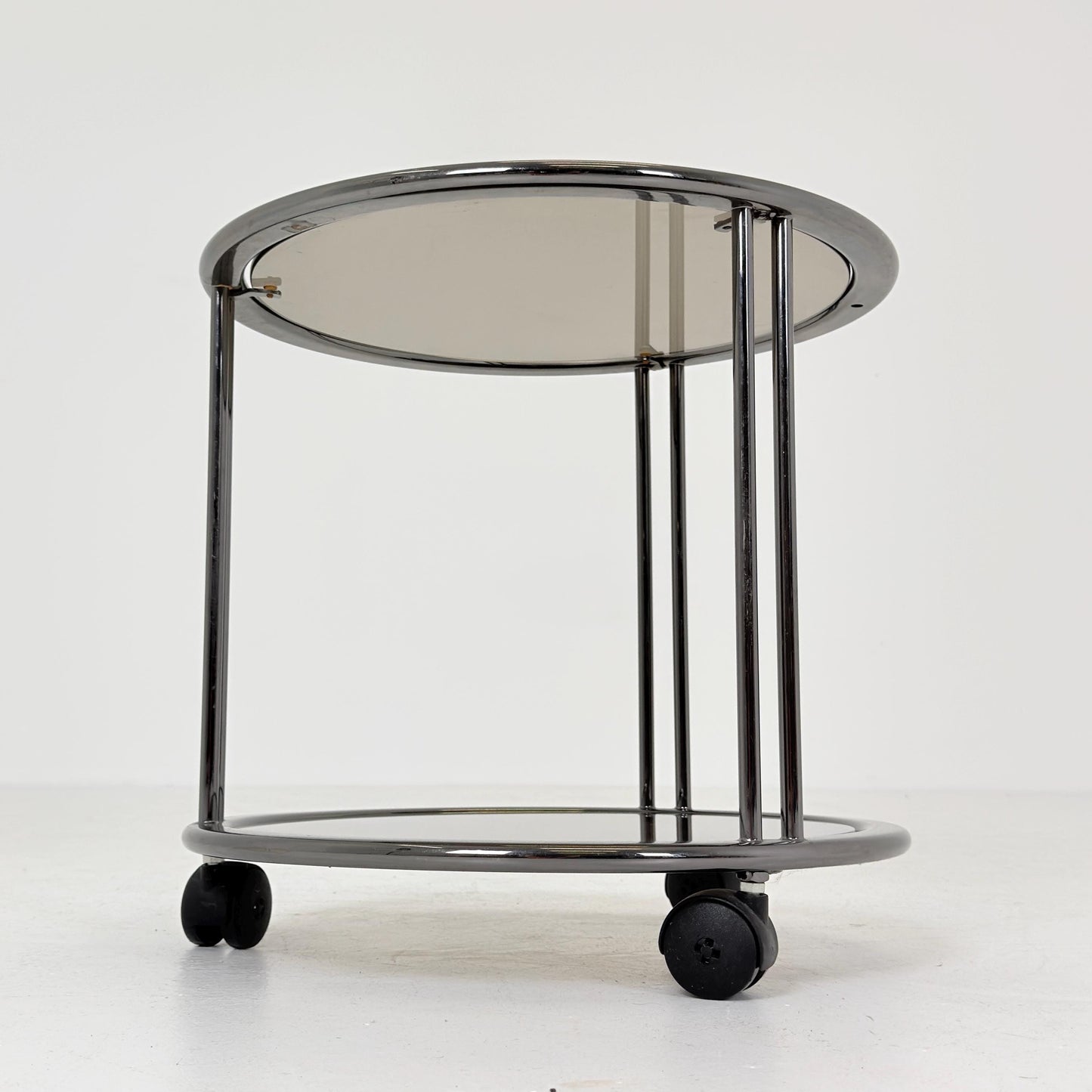 Mid century Chrome bar cart/serving trolley. Smoked glass Bauhaus Italy 1980s