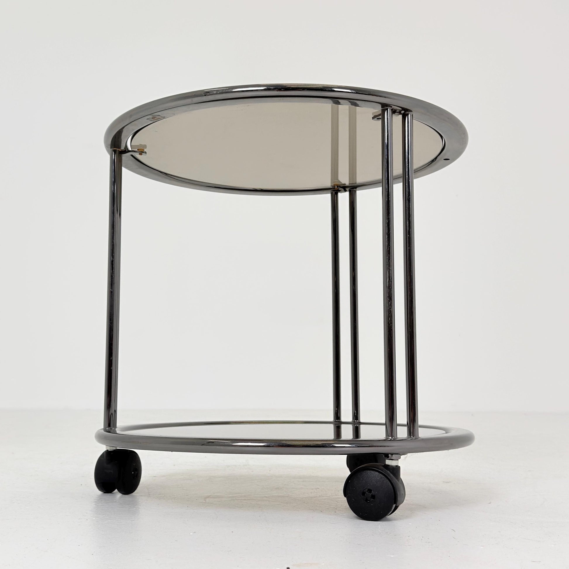 Mid century Chrome bar cart/serving trolley. Smoked glass Bauhaus Italy 1980s