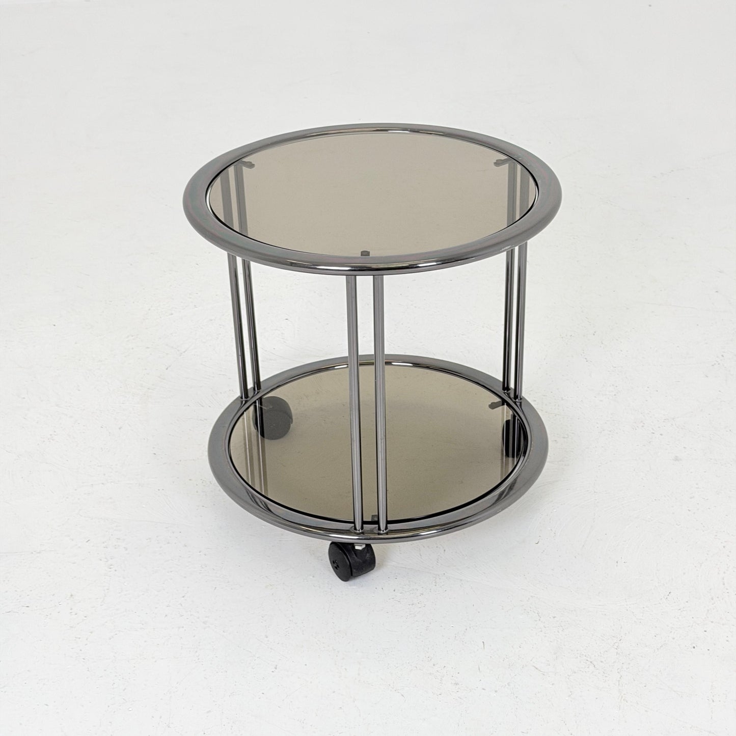 Mid century Chrome bar cart/serving trolley. Smoked glass Bauhaus Italy 1980s