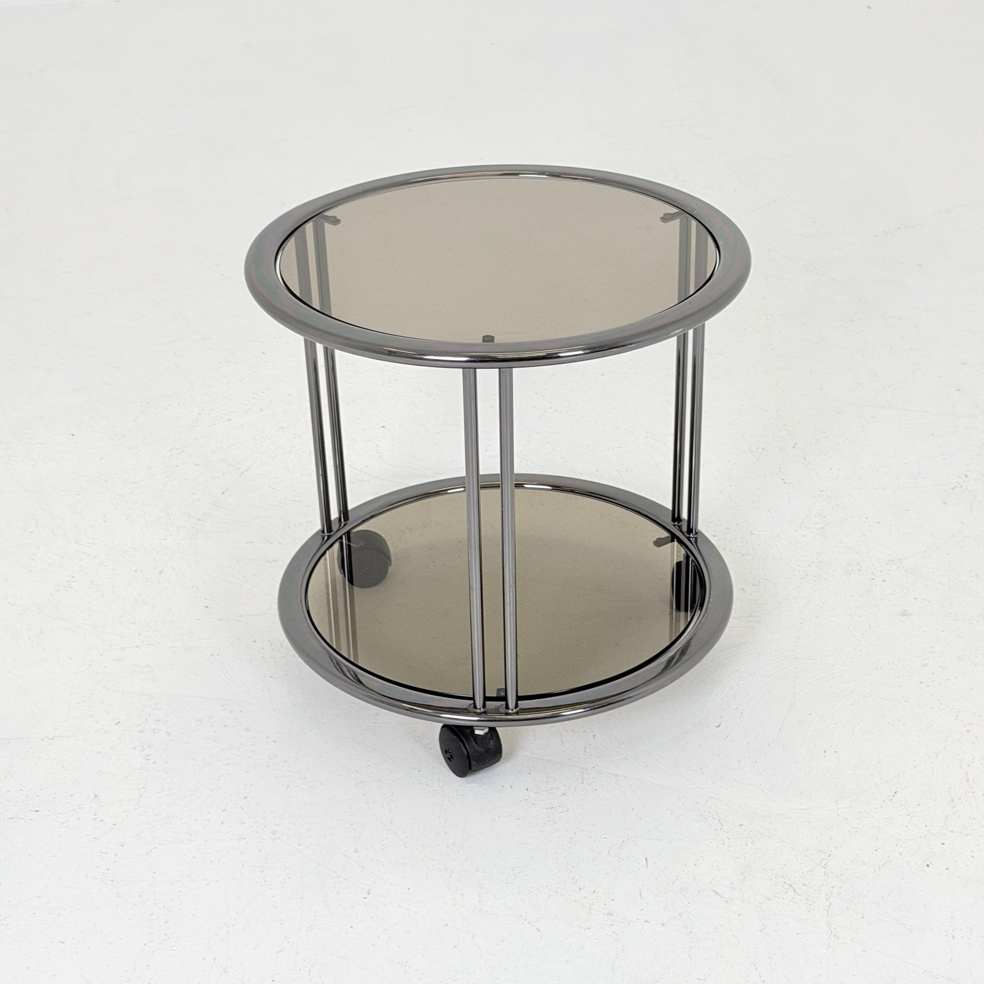 Mid century Chrome bar cart/serving trolley. Smoked glass Bauhaus Italy 1980s