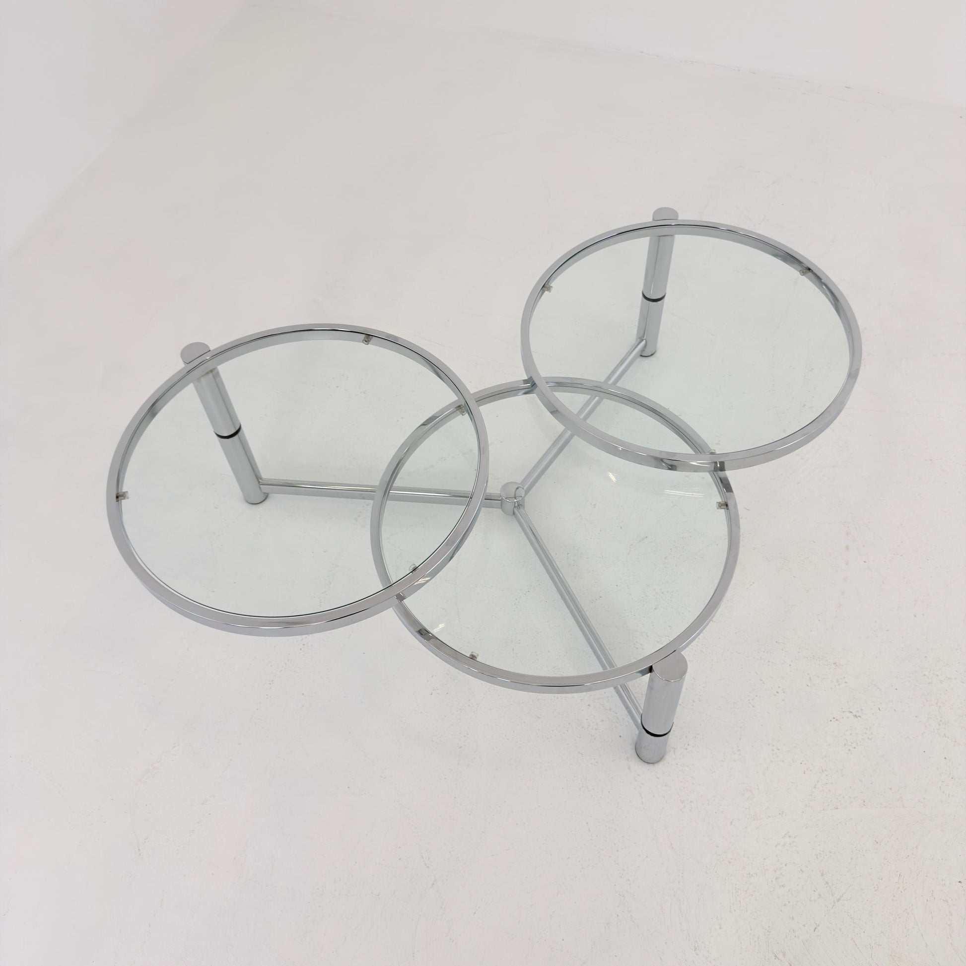 Rare Italian Bauhaus Swivel Coffee Table | Chrome & Glass 3-Tier Couch Table | 1980s