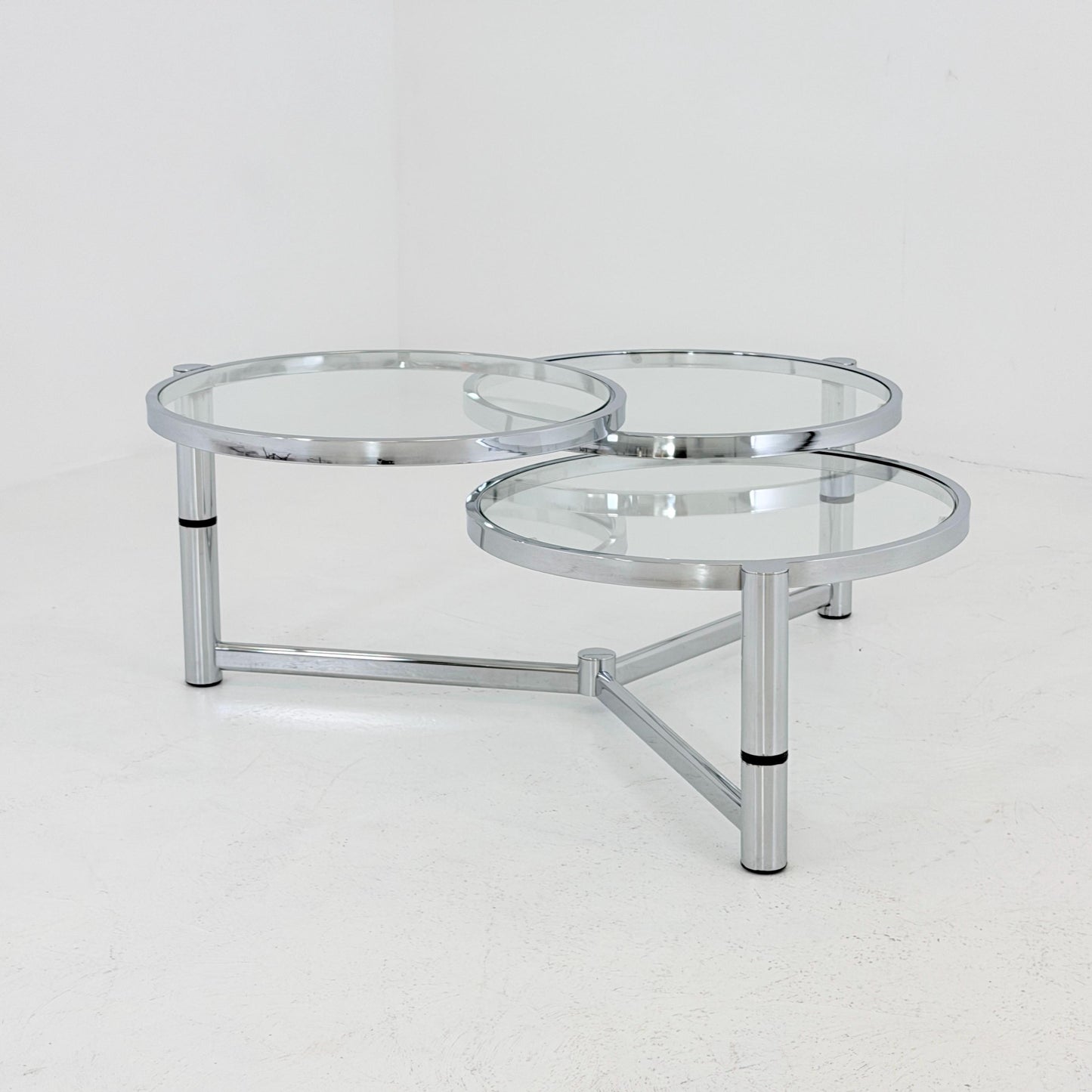 Rare Italian Bauhaus Swivel Coffee Table | Chrome & Glass 3-Tier Couch Table | 1980s