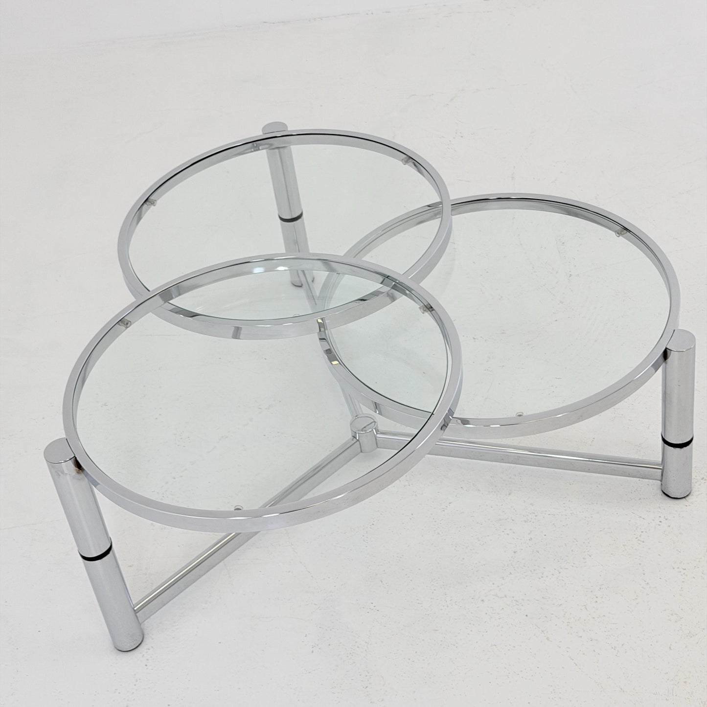 Rare Italian Bauhaus Swivel Coffee Table | Chrome & Glass 3-Tier Couch Table | 1980s