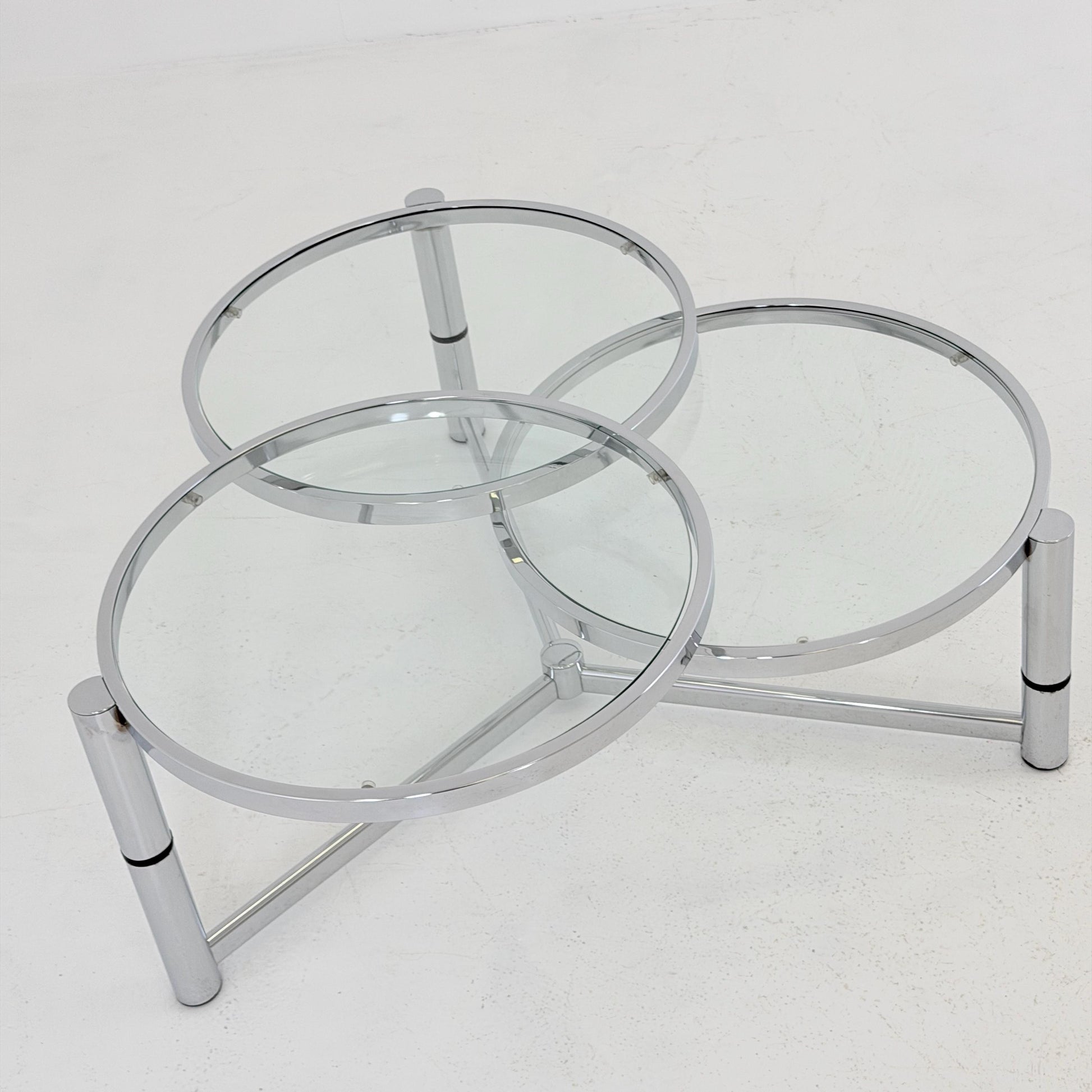 Rare Italian Bauhaus Swivel Coffee Table | Chrome & Glass 3-Tier Couch Table | 1980s