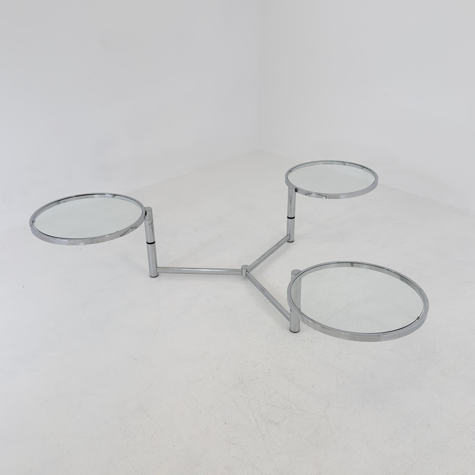 Rare Italian Bauhaus Swivel Coffee Table | Chrome & Glass 3-Tier Couch Table | 1980s