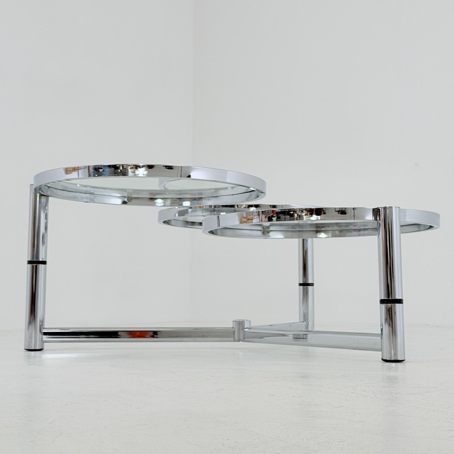 Rare Italian Bauhaus Swivel Coffee Table | Chrome & Glass 3-Tier Couch Table | 1980s