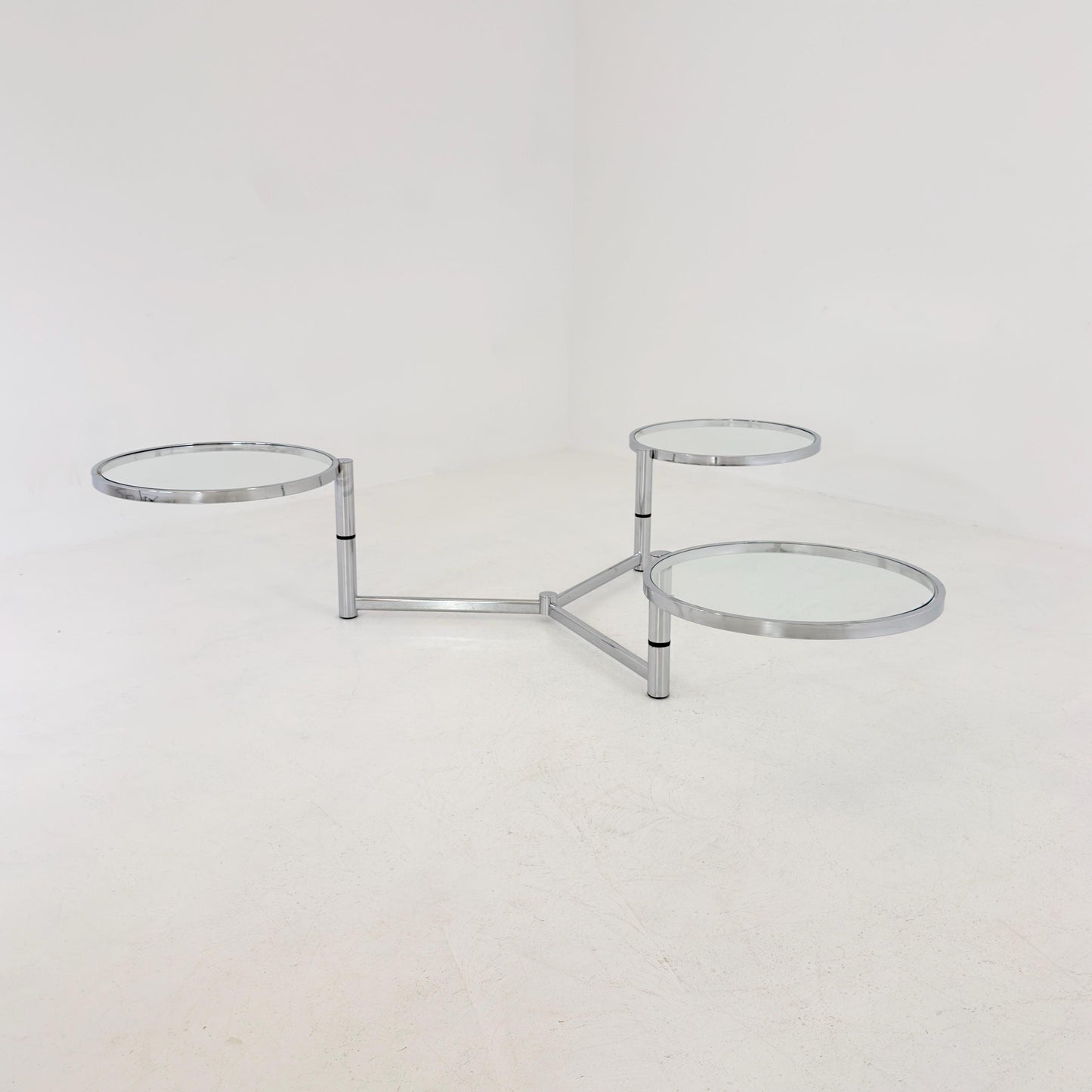 Rare Italian Bauhaus Swivel Coffee Table | Chrome & Glass 3-Tier Couch Table | 1980s