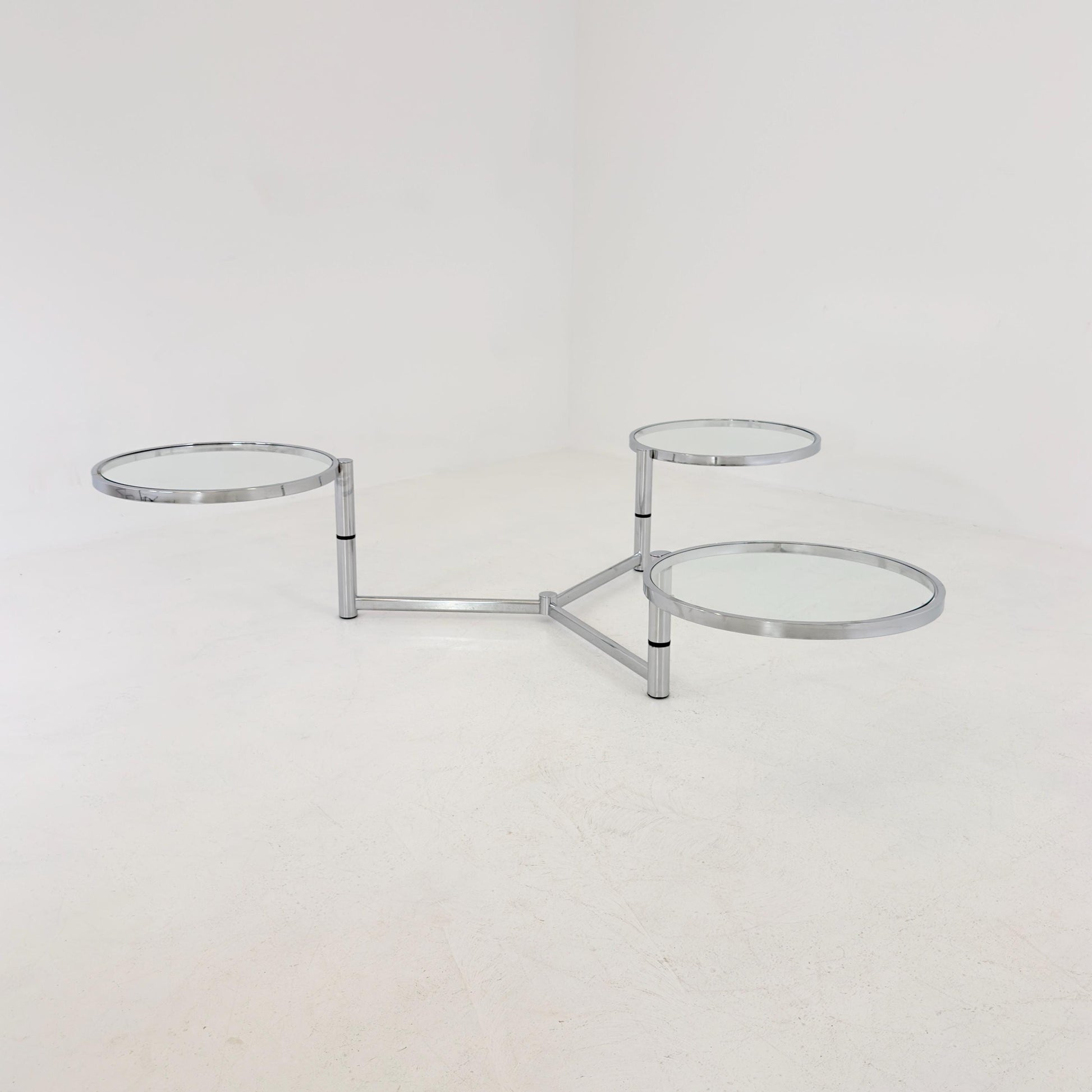 Rare Italian Bauhaus Swivel Coffee Table | Chrome & Glass 3-Tier Couch Table | 1980s