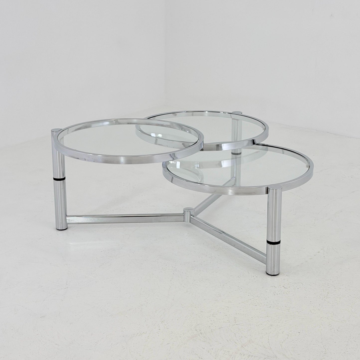 Rare Italian Bauhaus Swivel Coffee Table | Chrome & Glass 3-Tier Couch Table | 1980s