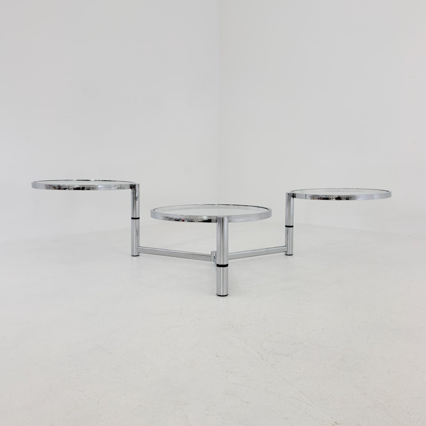 Rare Italian Bauhaus Swivel Coffee Table | Chrome & Glass 3-Tier Couch Table | 1980s