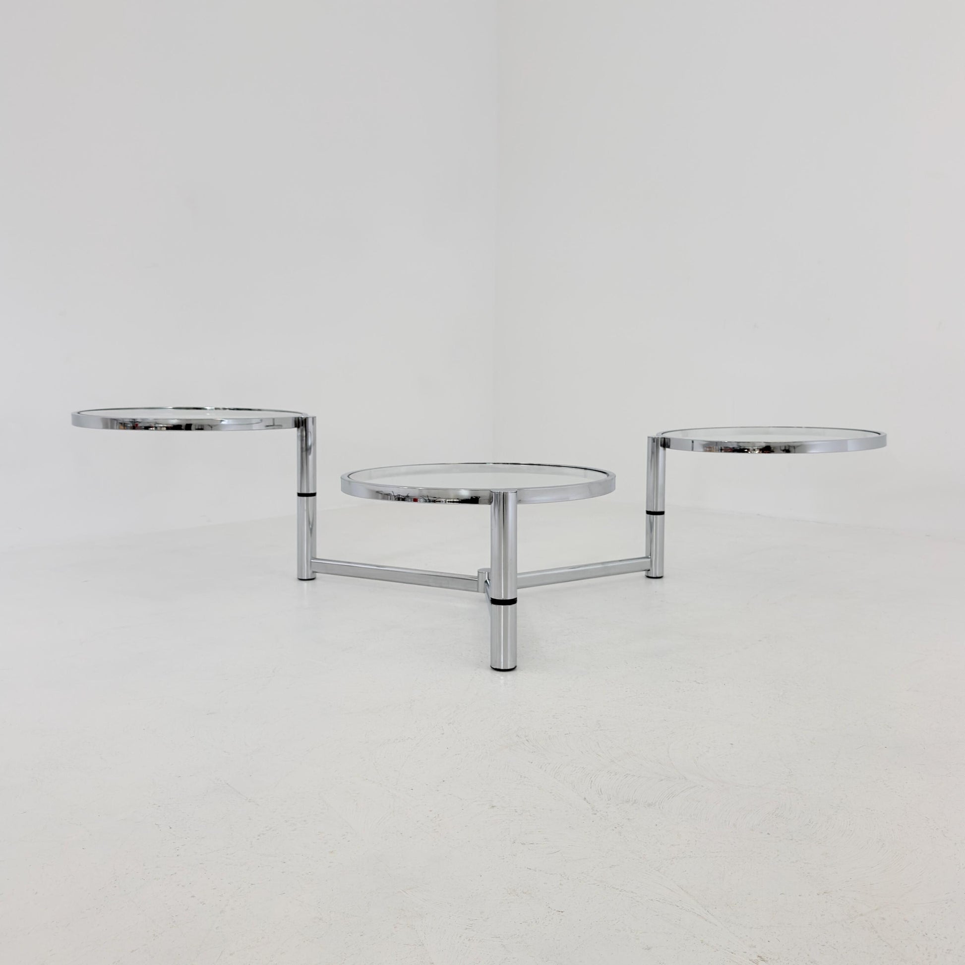 Rare Italian Bauhaus Swivel Coffee Table | Chrome & Glass 3-Tier Couch Table | 1980s