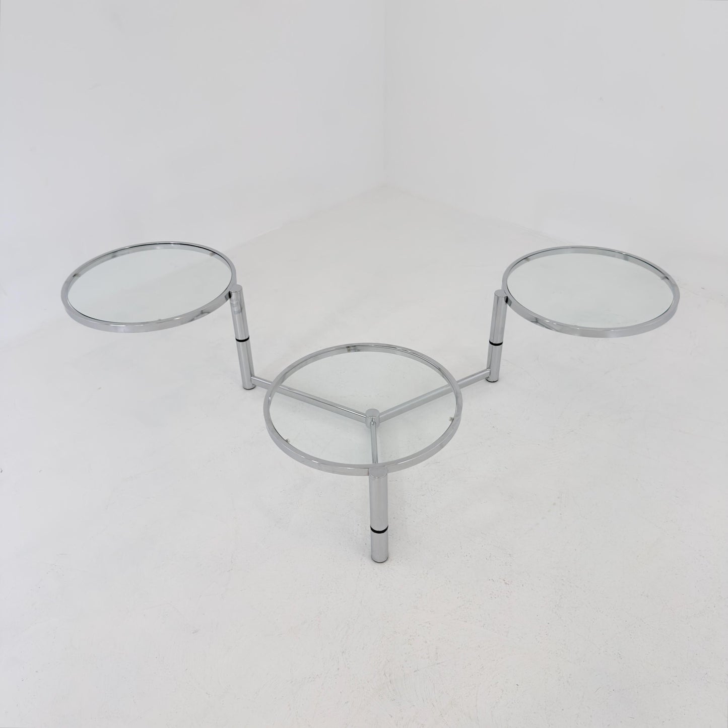Rare Italian Bauhaus Swivel Coffee Table | Chrome & Glass 3-Tier Couch Table | 1980s