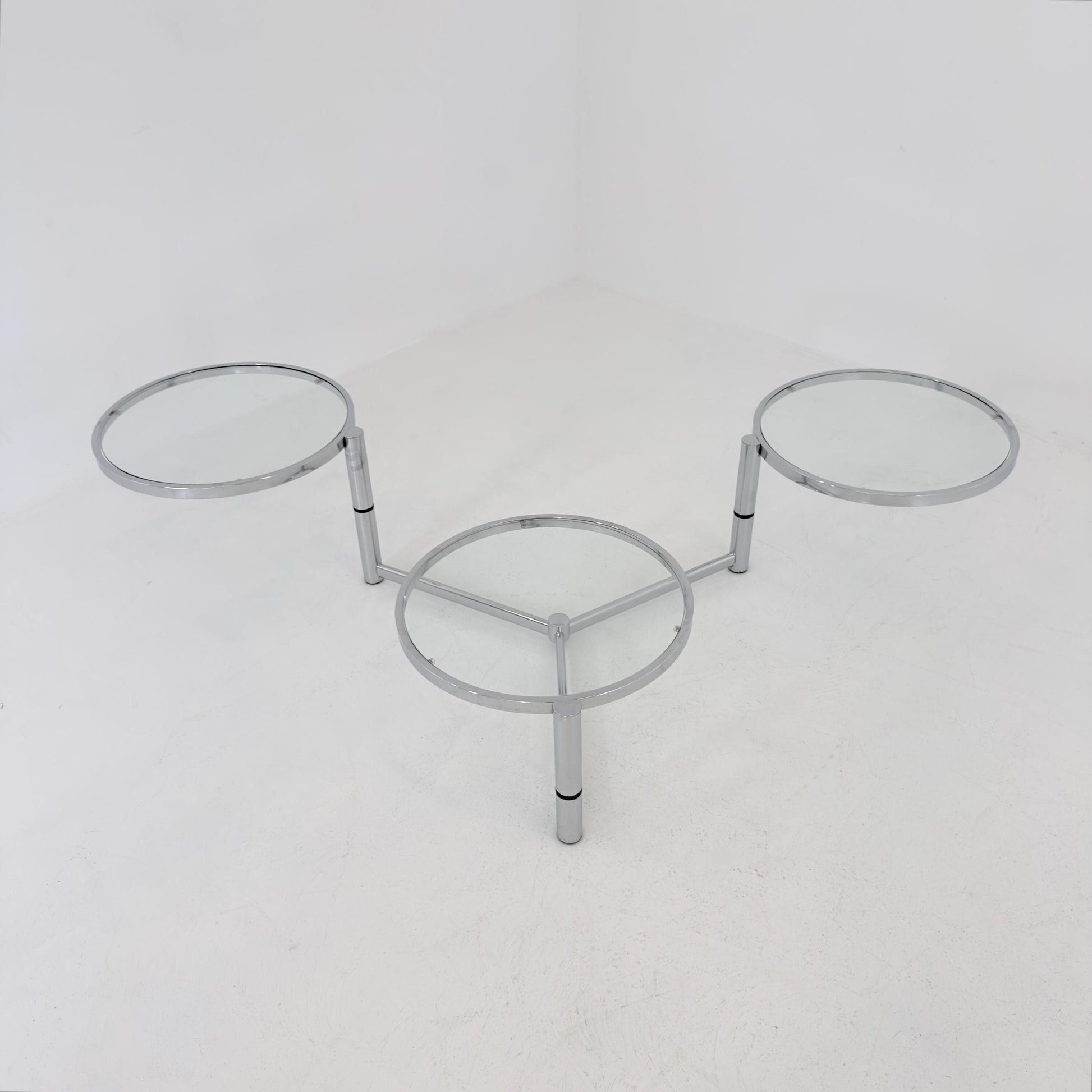 Rare Italian Bauhaus Swivel Coffee Table | Chrome & Glass 3-Tier Couch Table | 1980s