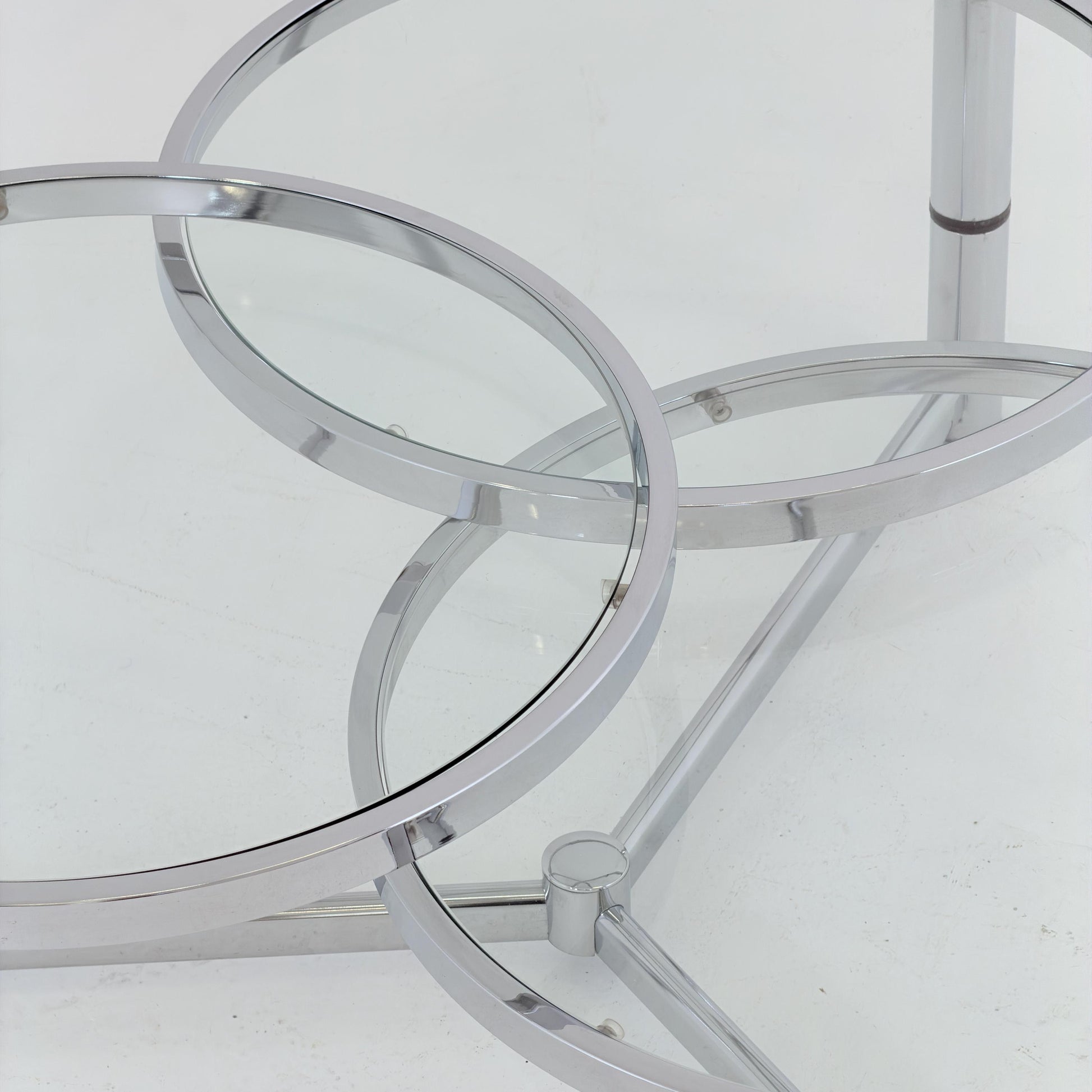 Rare Italian Bauhaus Swivel Coffee Table | Chrome & Glass 3-Tier Couch Table | 1980s