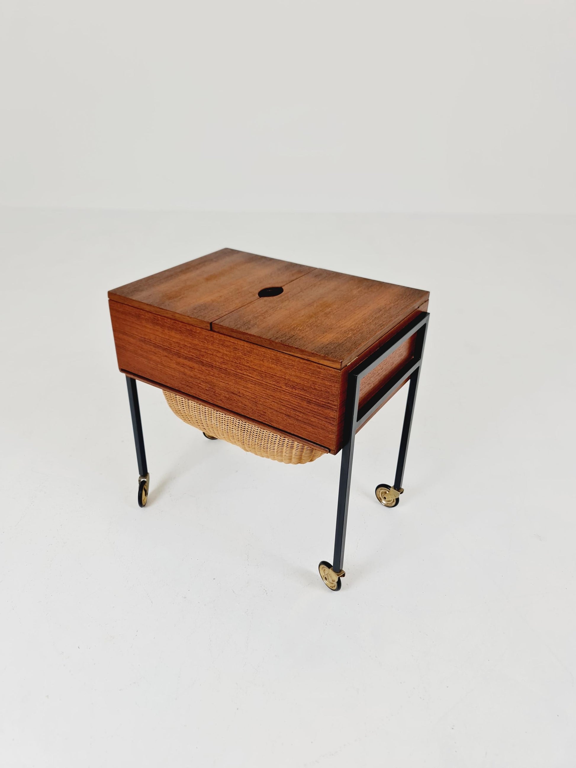 Vintage Danish teak and rattan sewing table/ side table cabinet, 1960s