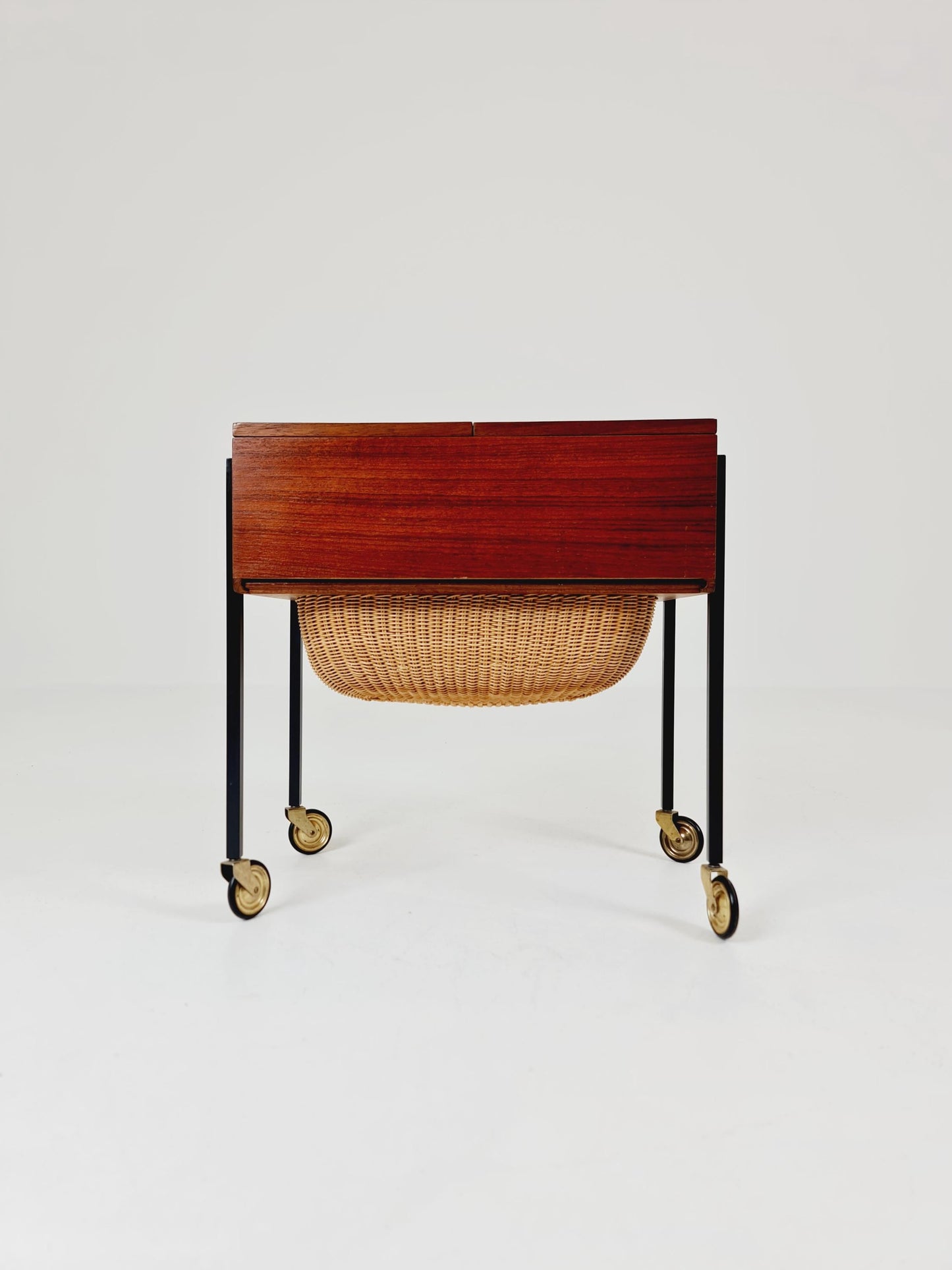 Vintage Danish teak and rattan sewing table/ side table cabinet, 1960s
