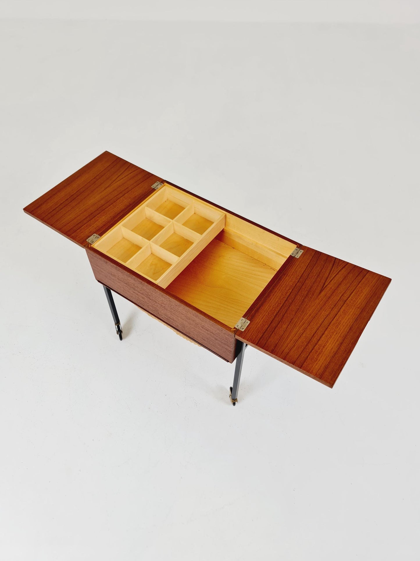 Vintage Danish teak and rattan sewing table/ side table cabinet, 1960s